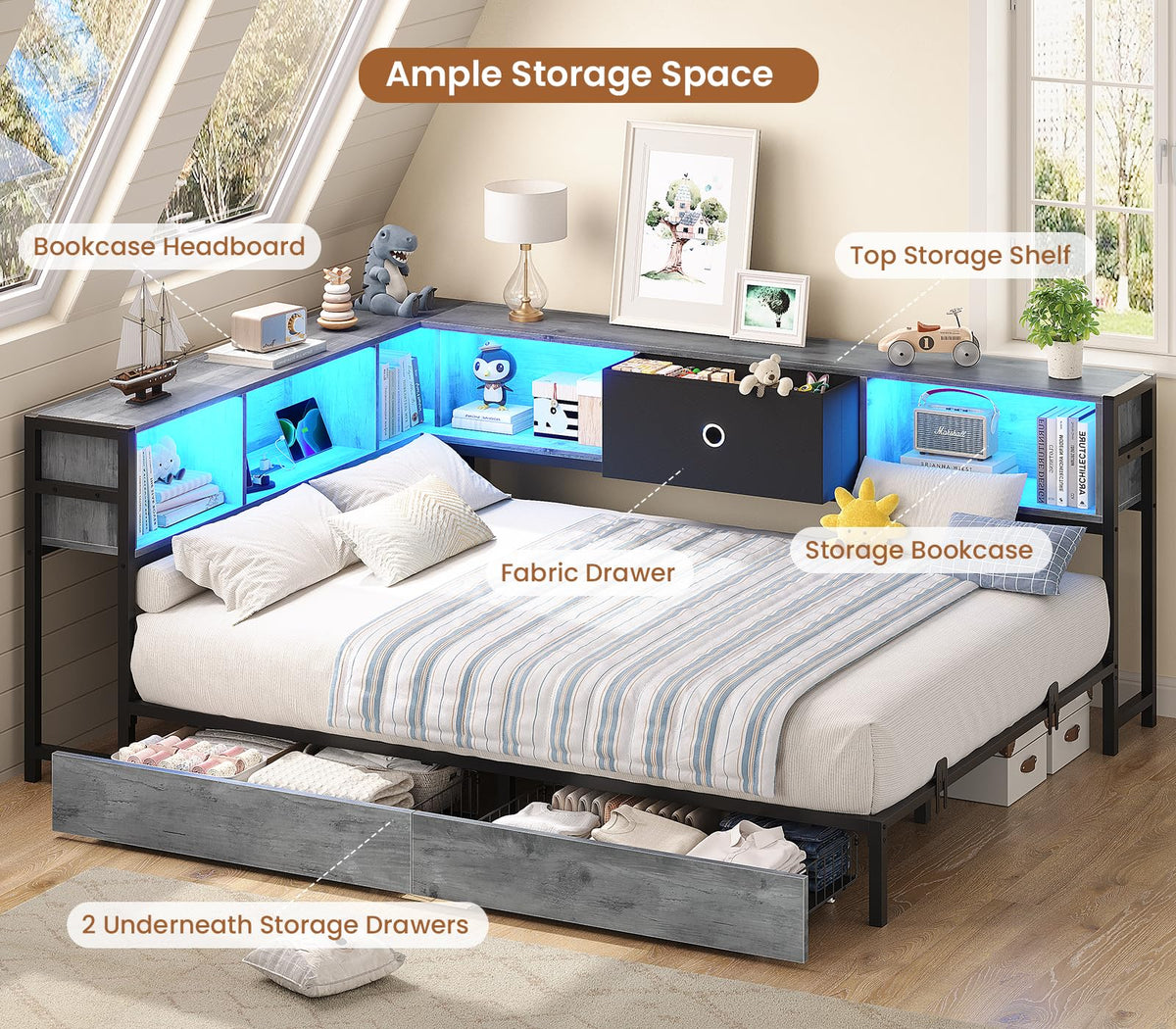 Full Corner Bed Frame with Storage Drawers and Bookcase Headboard