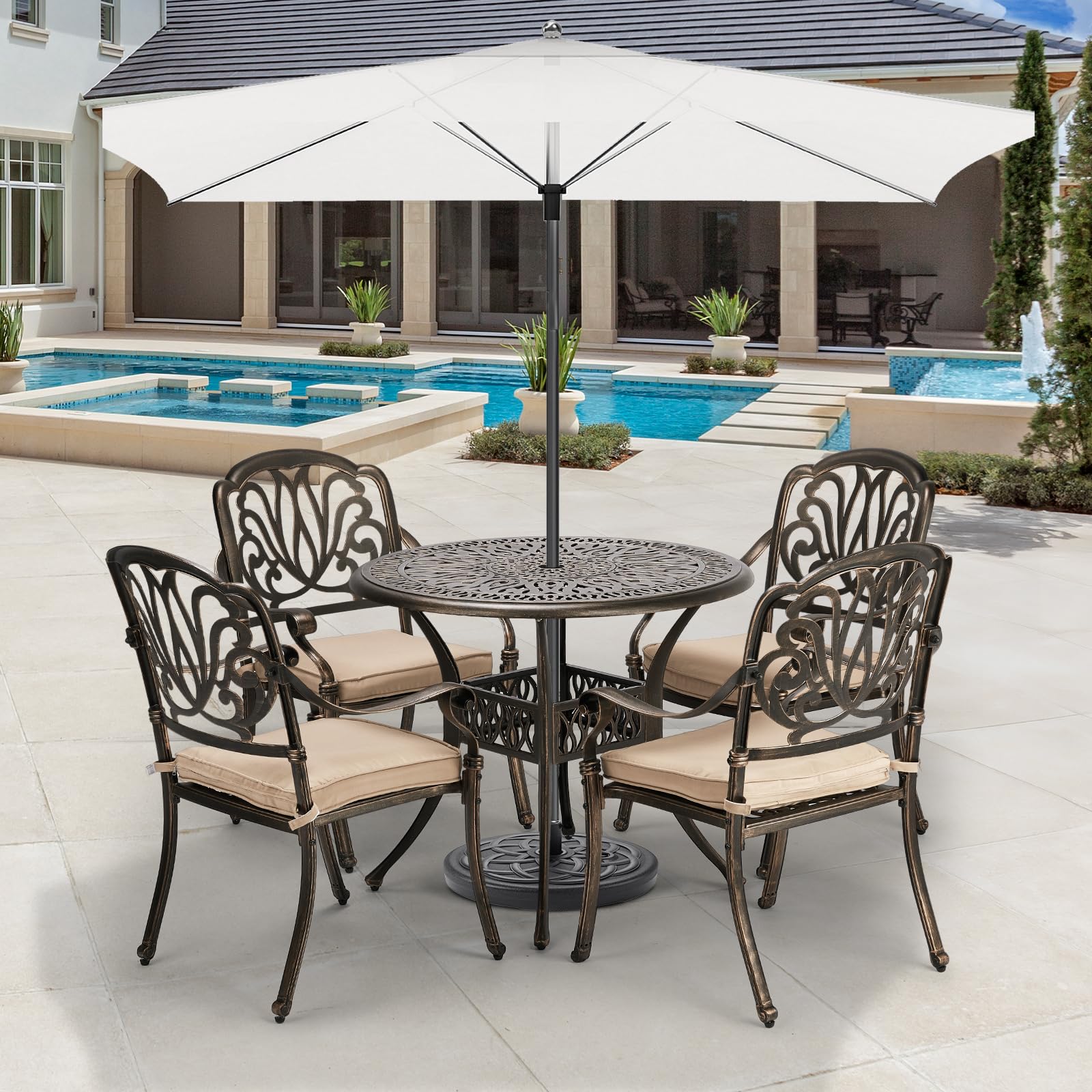 VINGLI 5-Piece Outdoor Patio Dining Set, Cast Aluminum All-Weather Outdoor Table and Chairs w/Cushion, Outdoor Furniture Set w/Umbrella Hole for Backyard Deck Poolside (Round, Elizabeth Back)