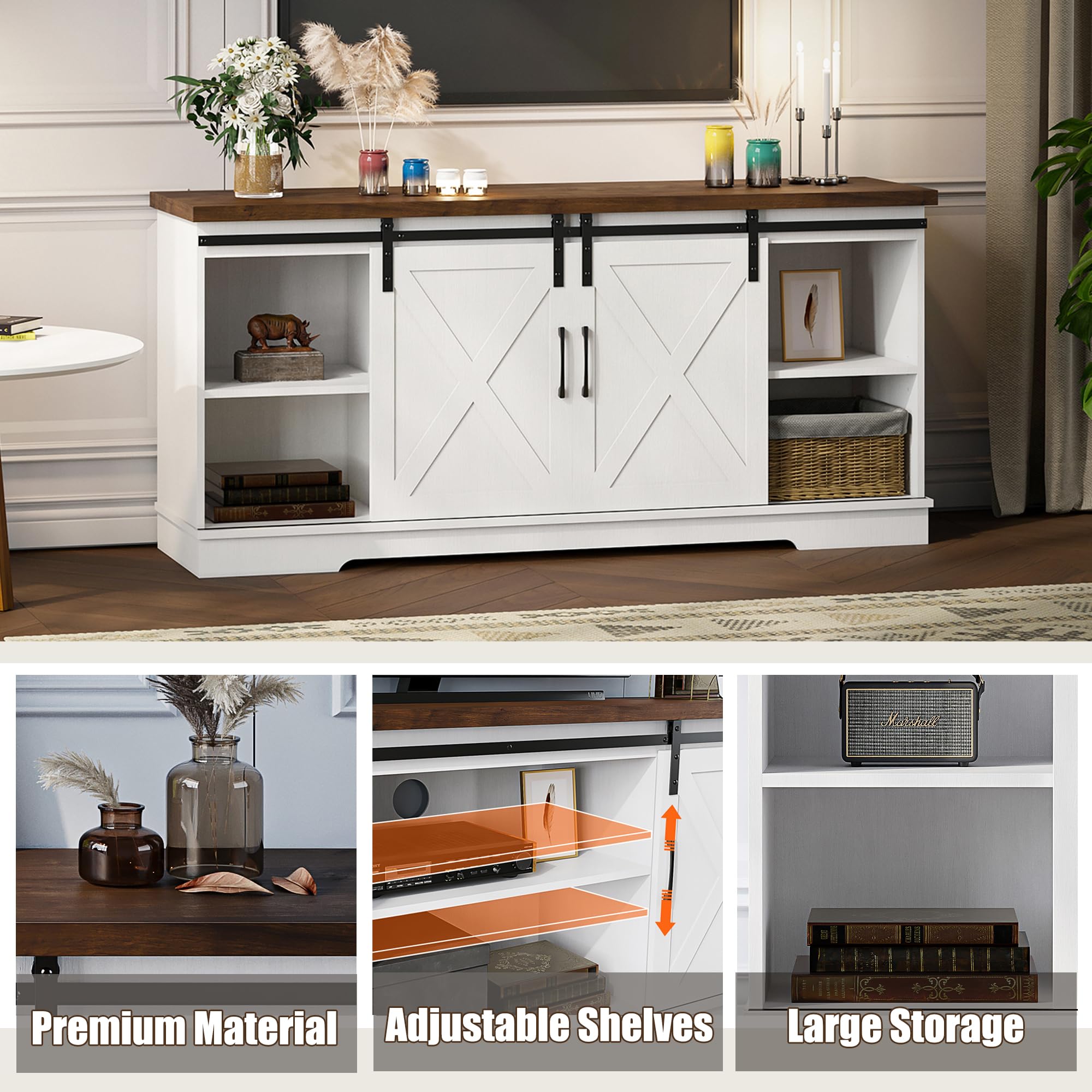 Farmhouse TV Stand for 65 Inch TV with Barn Doors and Storage