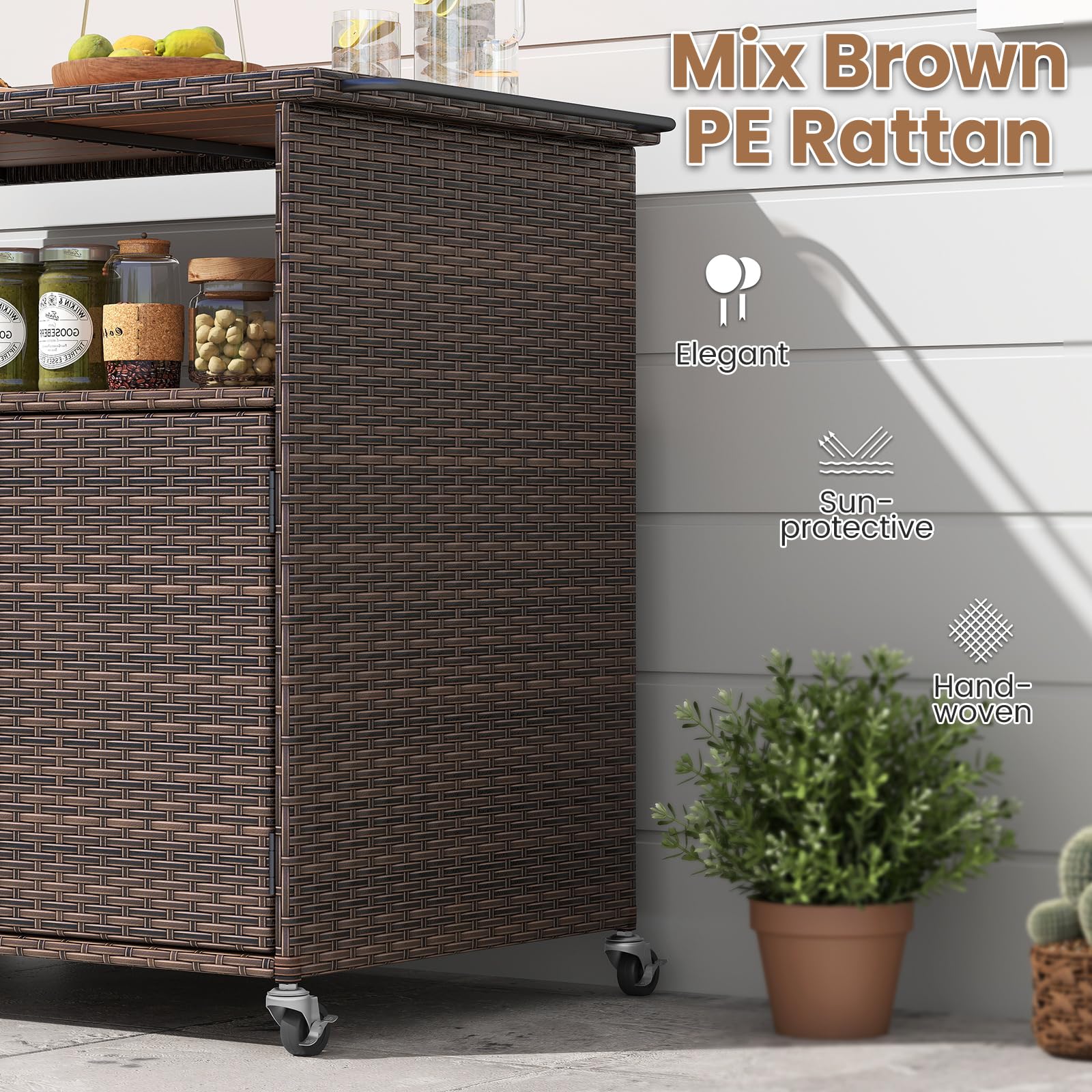 Rattan Outdoor Storage Cabinet with Acacia Wood Countertop