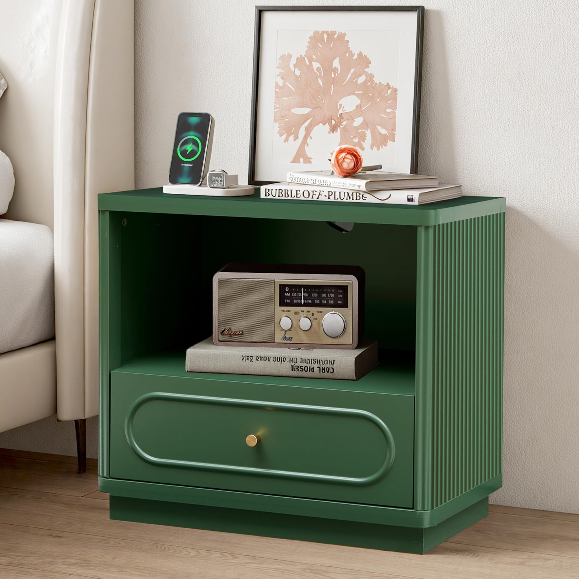Fluted Nightstand with Charging Station and Drawer Storage
