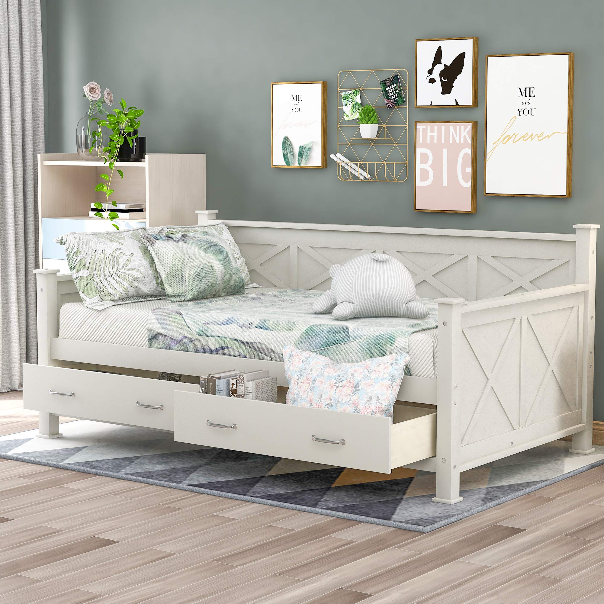 Twin Size Farmhouse Wood Daybed with Storage Drawers