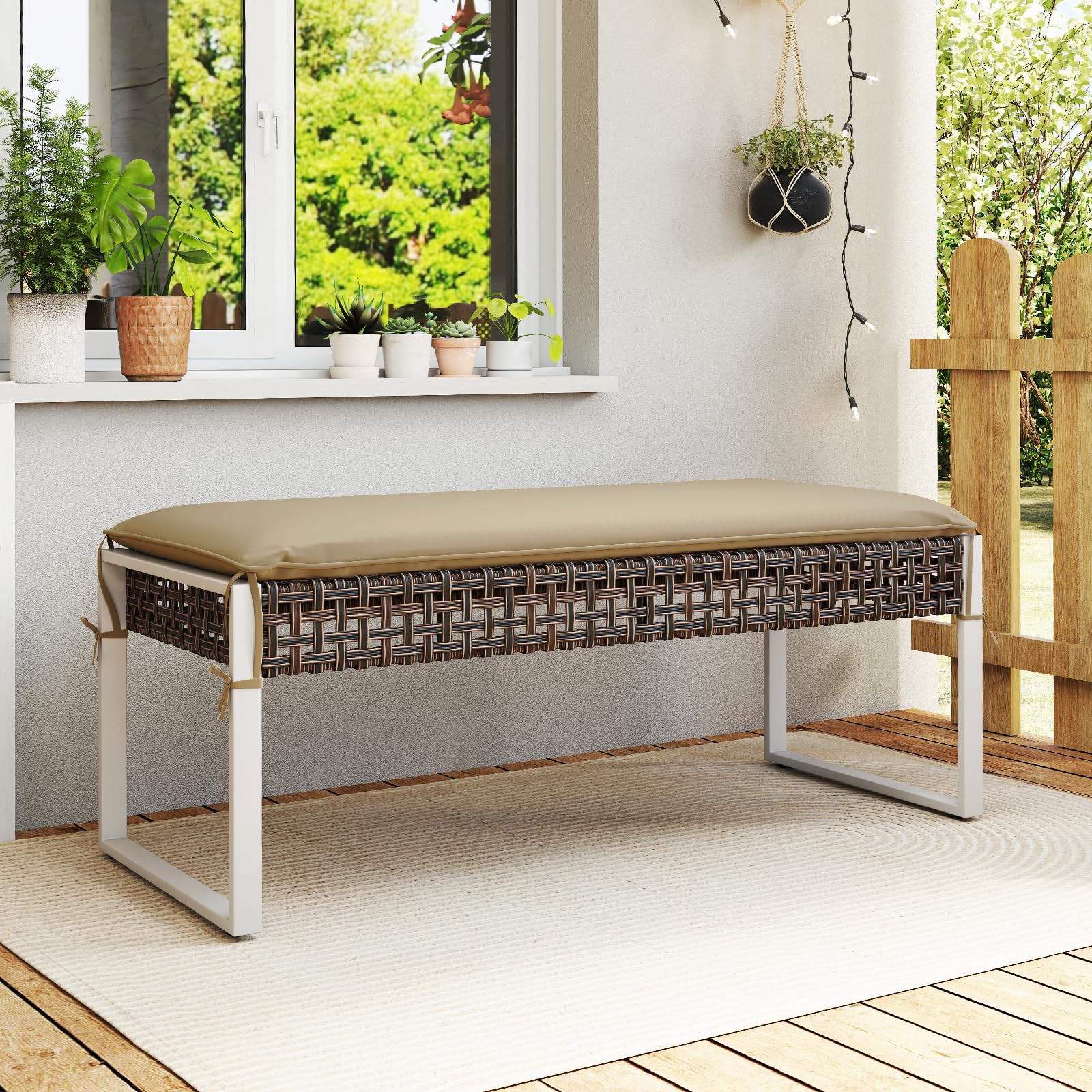 Outdoor Rattan Ottoman Bench with Cushion