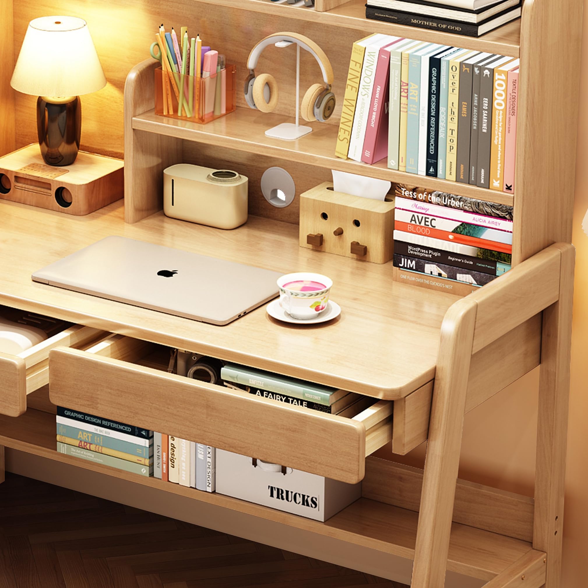 Kids Wooden Study Desk with Bookshelf and Two Drawers