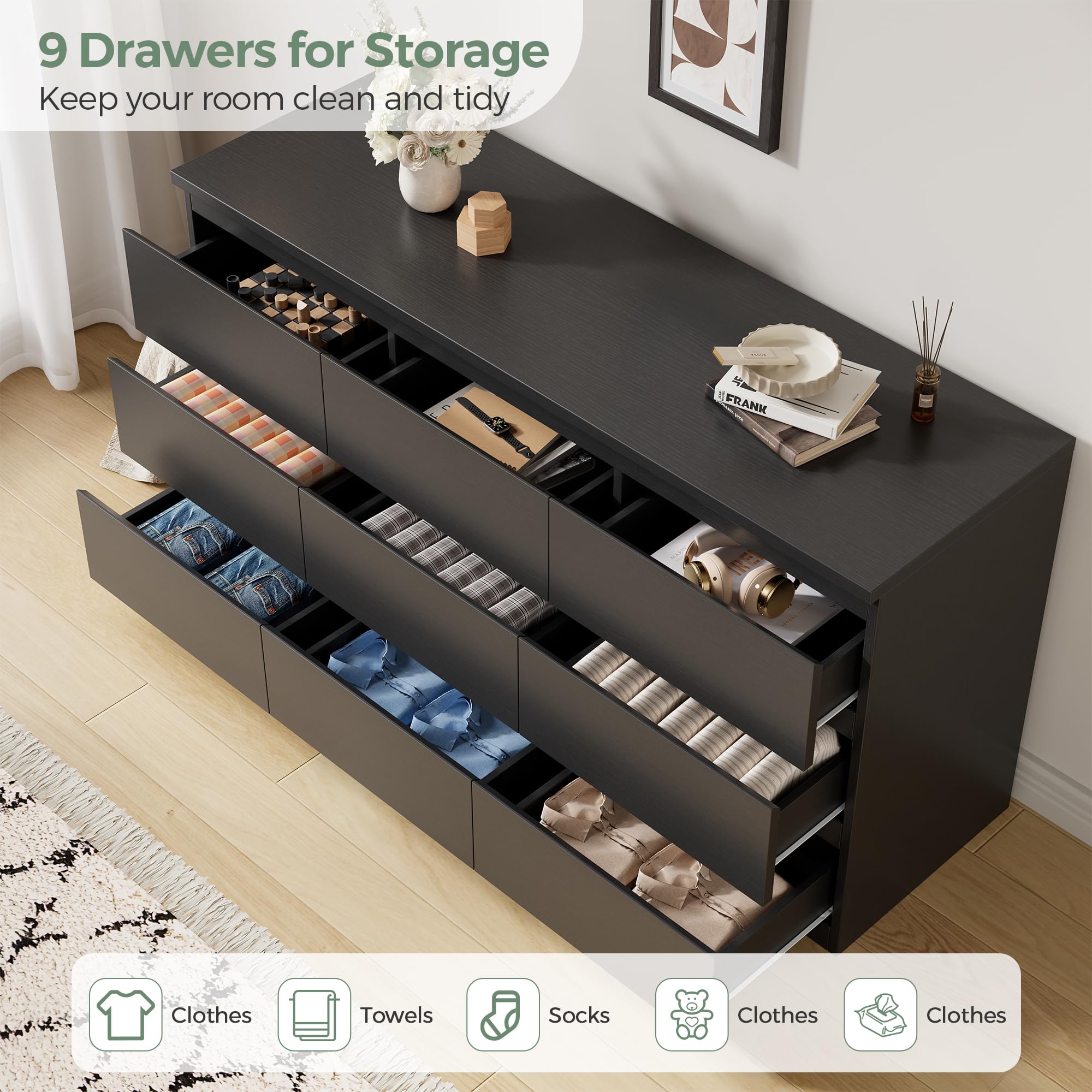 Modern Black 9-Drawer Dresser with Deep Storage