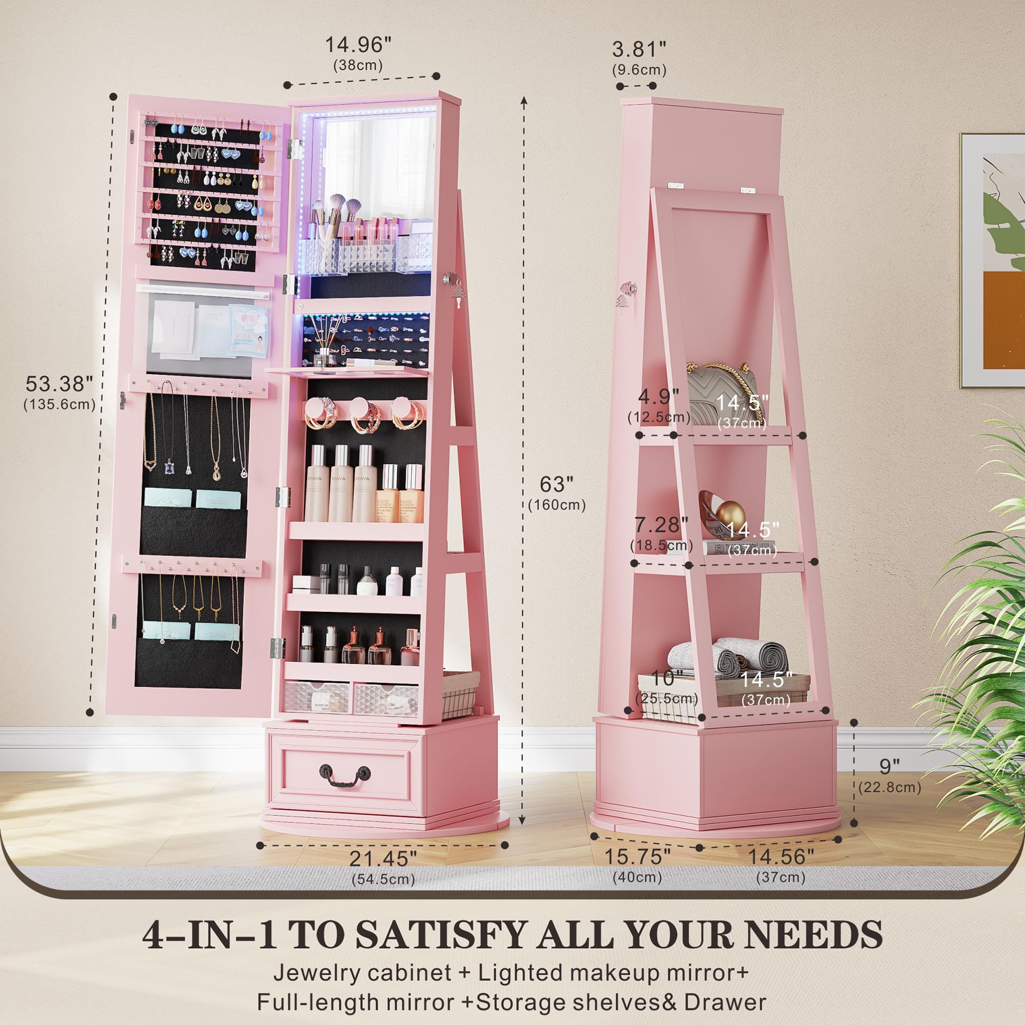 Swivel Jewelry Organizer with Full Length Mirror and Lights