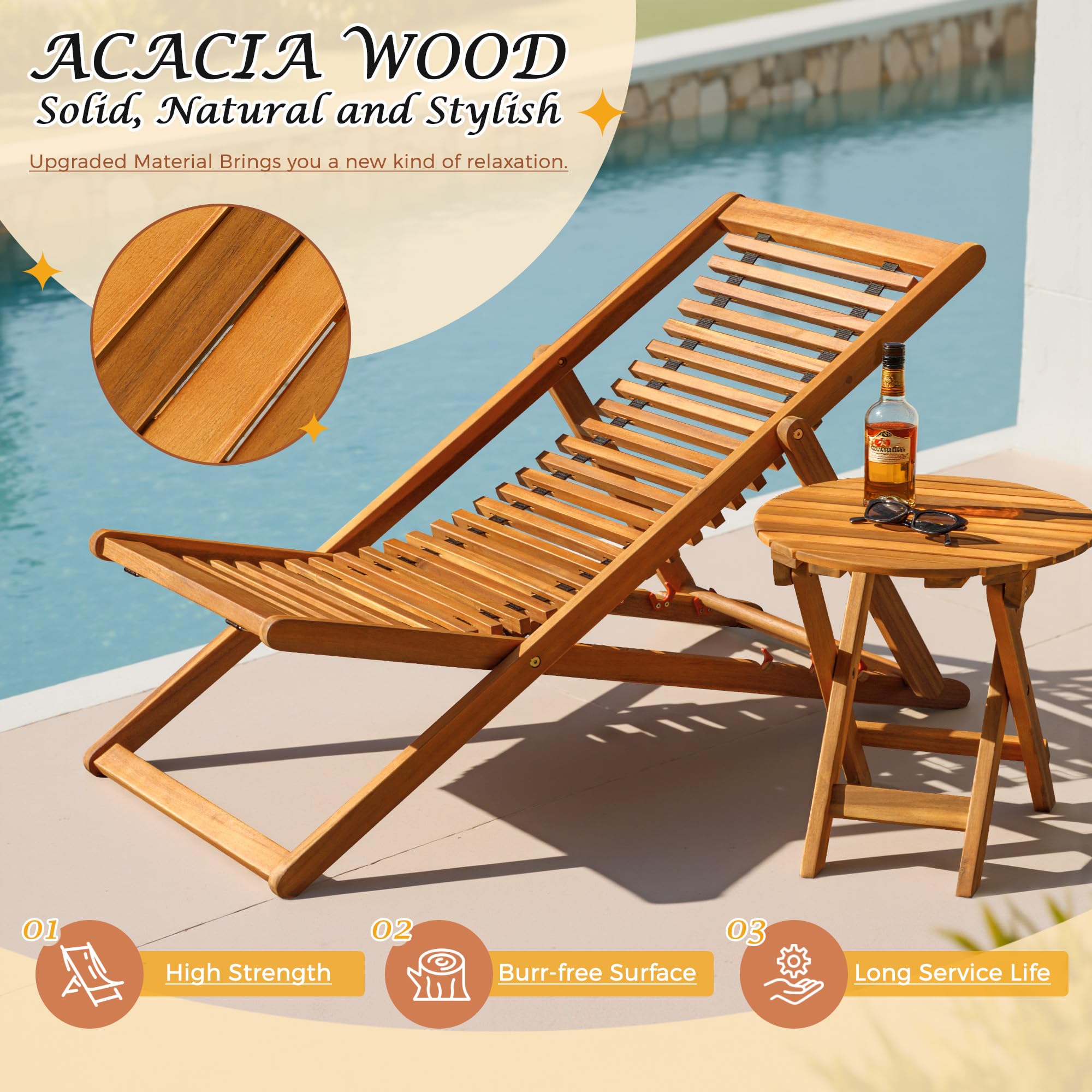 3-Piece Acacia Wood Patio Chaise Lounge Set