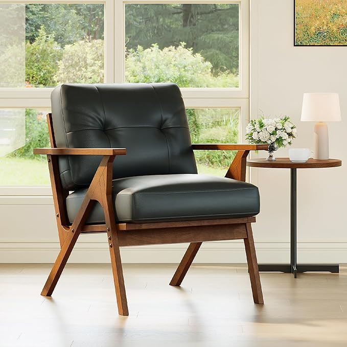 Black Leather Office Accent Chair Set of 2 with Wooden Arms
