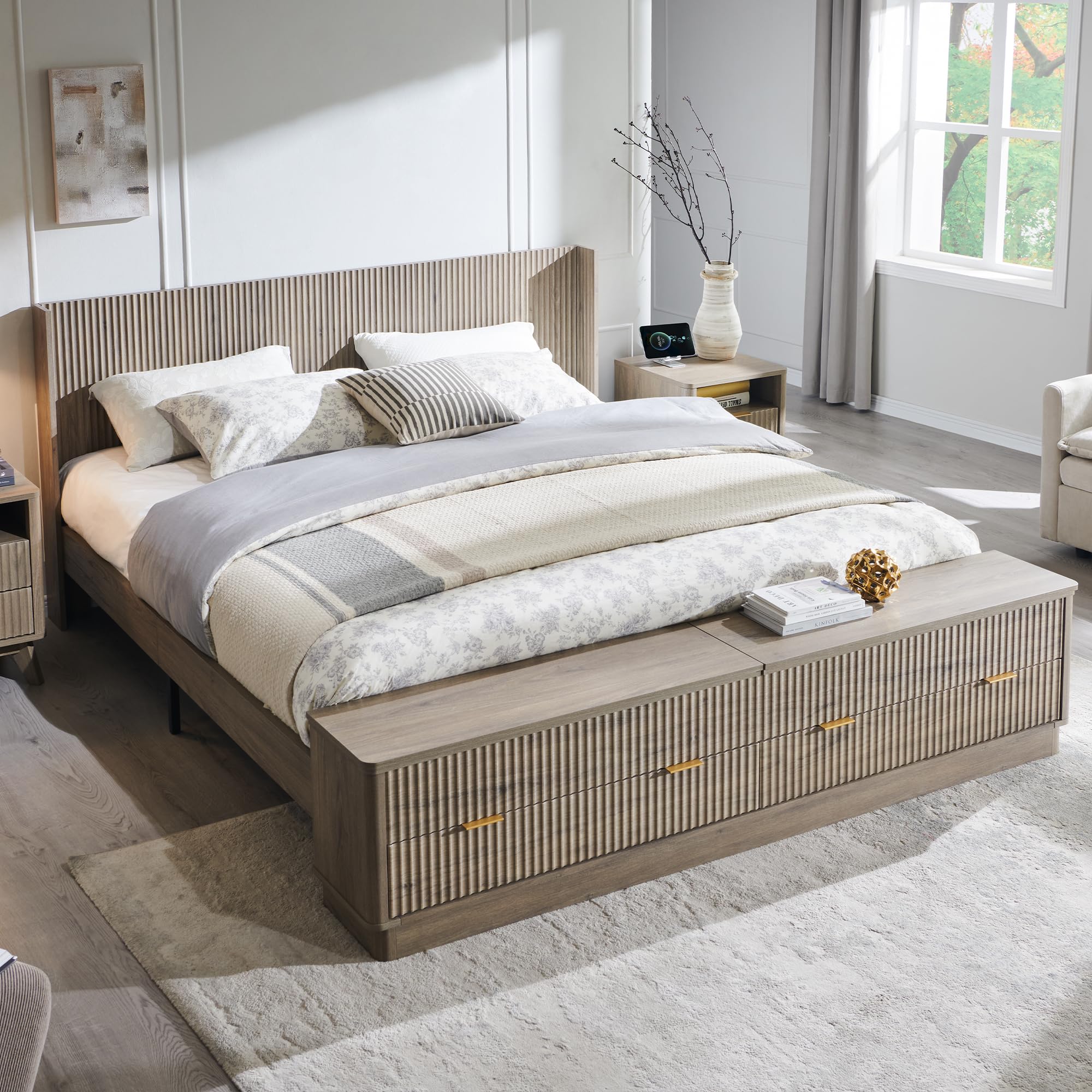 King Size Fluted Platform Bed with Storage