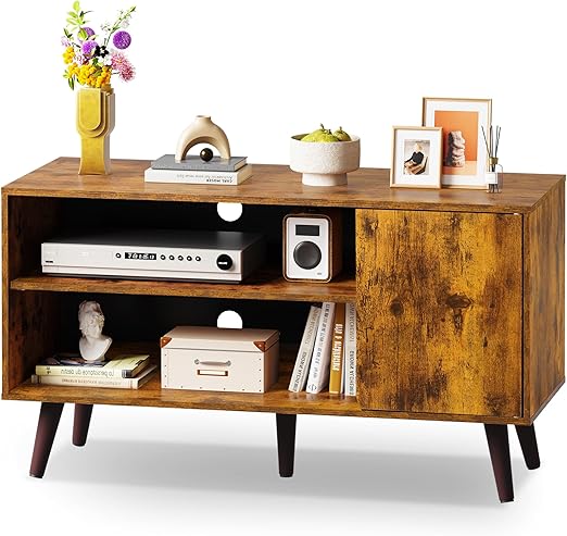 Mid-Century TV Stand with Storage Cabinet White 47 Inch