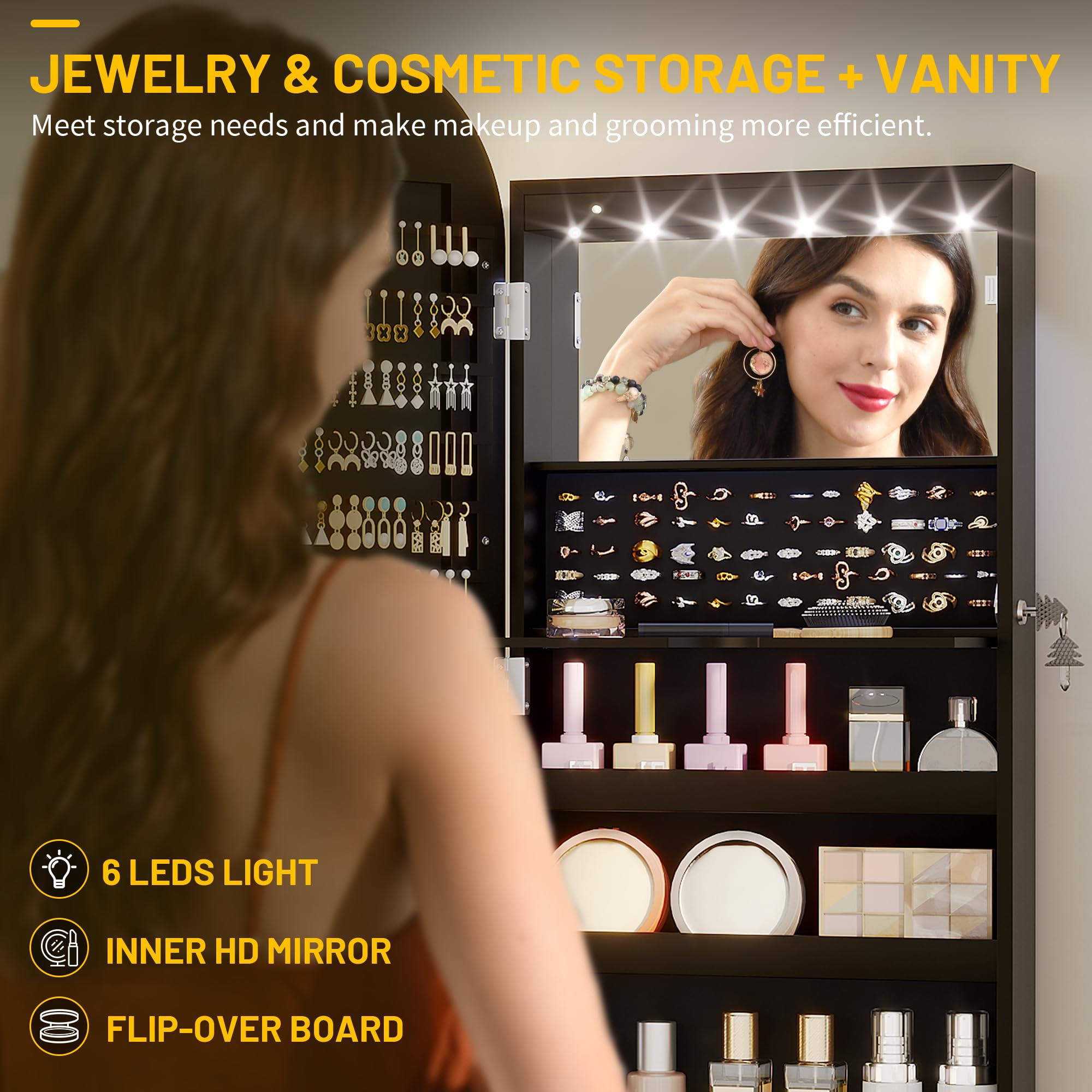 LED Mirror Jewelry Cabinet with Wall Door Mount Storage