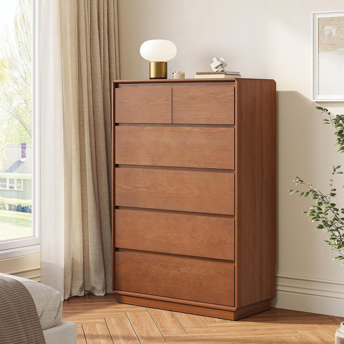 Solid Wood 6 Drawer Dresser 55.2" Wide Mid Century Modern