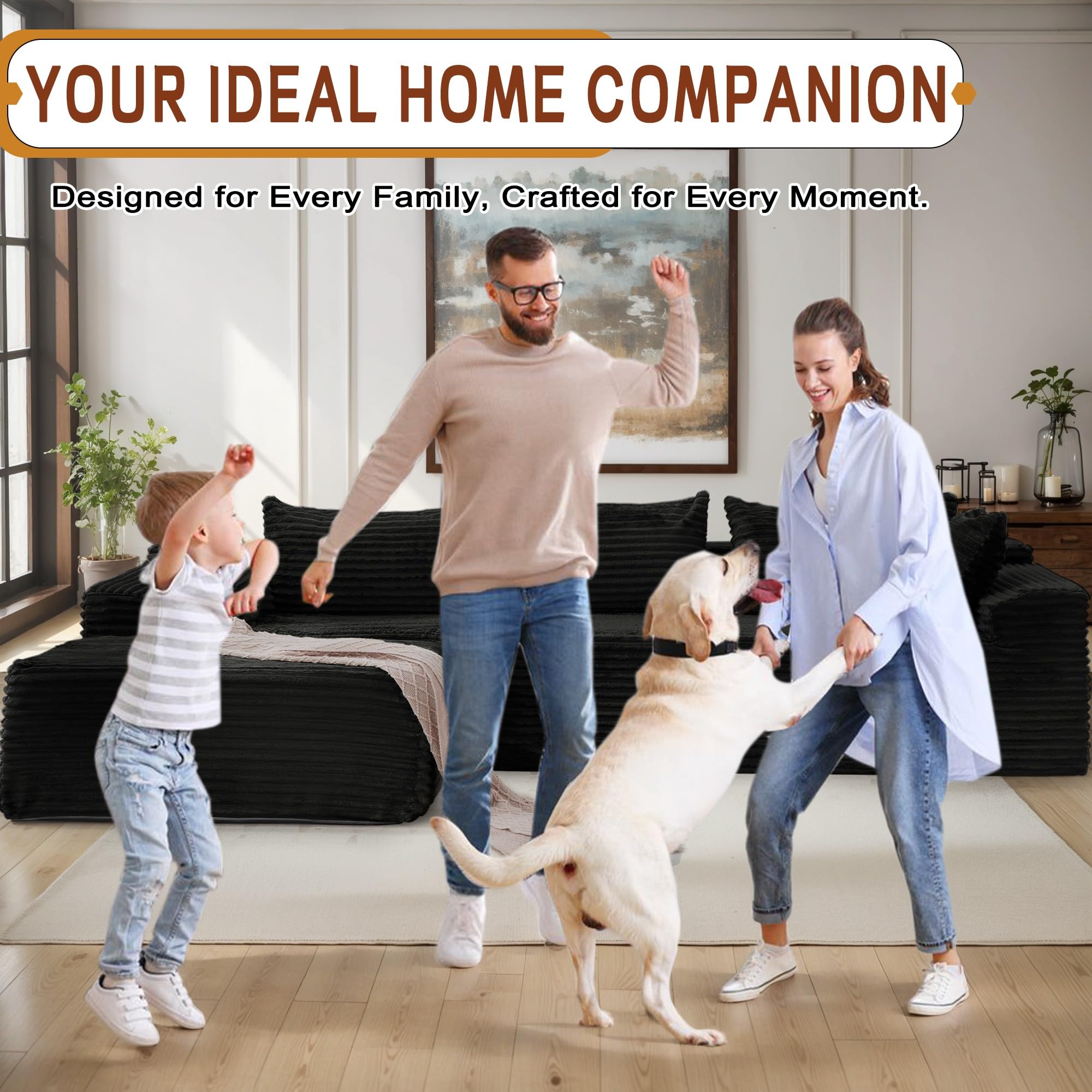 Korser 110" L-Shaped Modular Sectional Sofa with Chaise, Boneless Comfy Corduroy Fluffy Couch with Deep Seat and Side Pockets, Flexible Module Combination for Living Room, No Assembly, Side Pockets