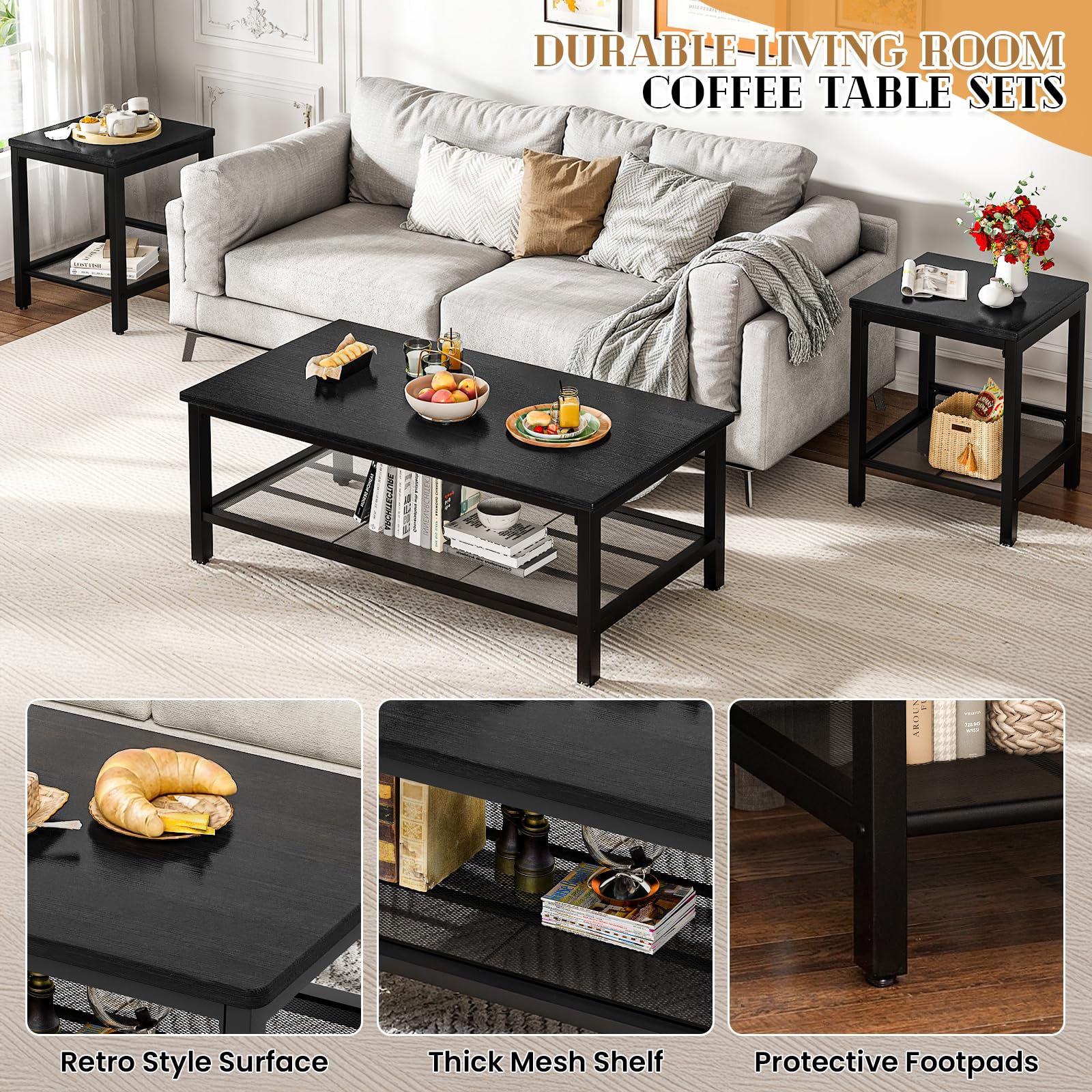 3-Piece Industrial Coffee Table Set with End Tables