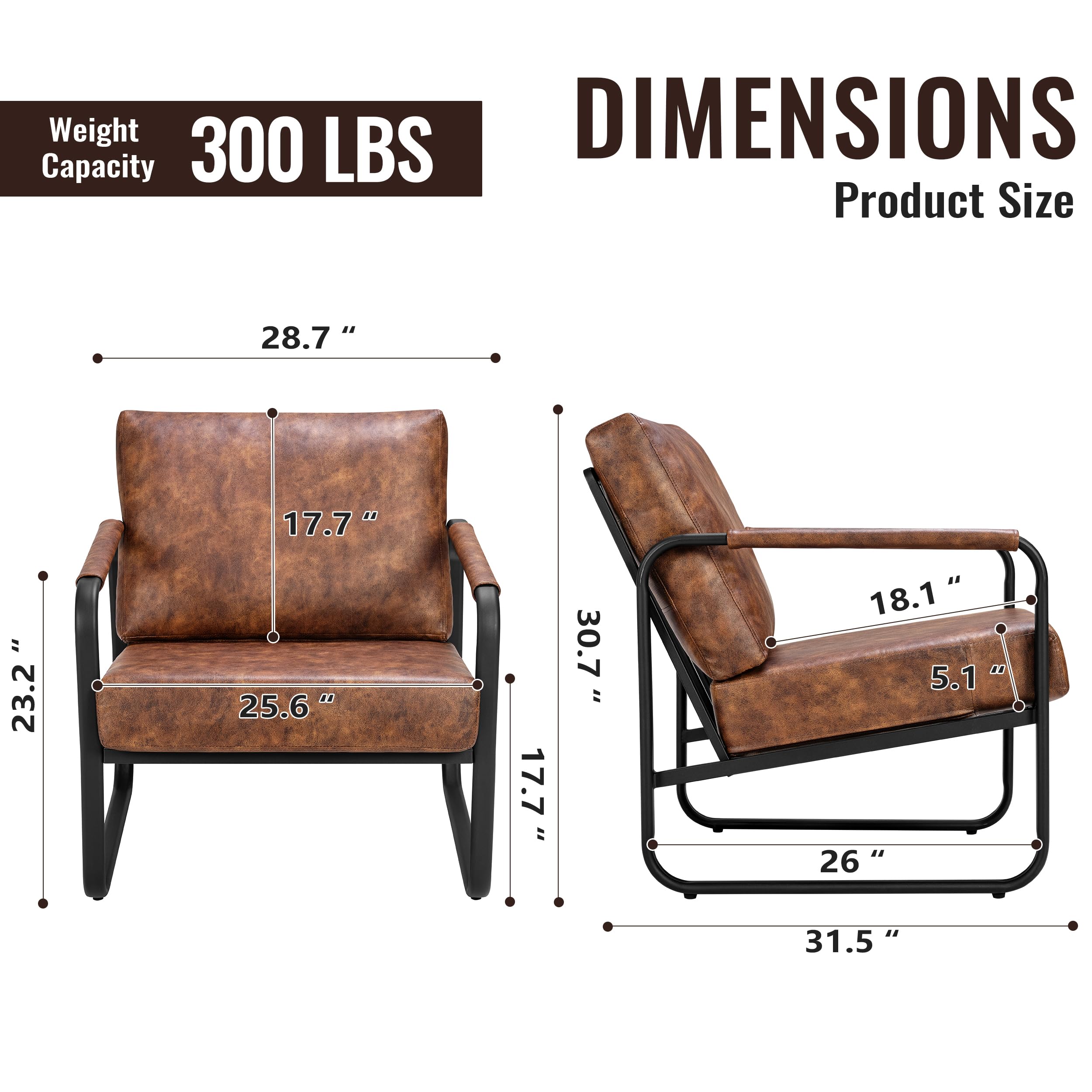 Mid-Century Modern Accent Chair Set of 2 - Faux Leather Armchair with Cushion