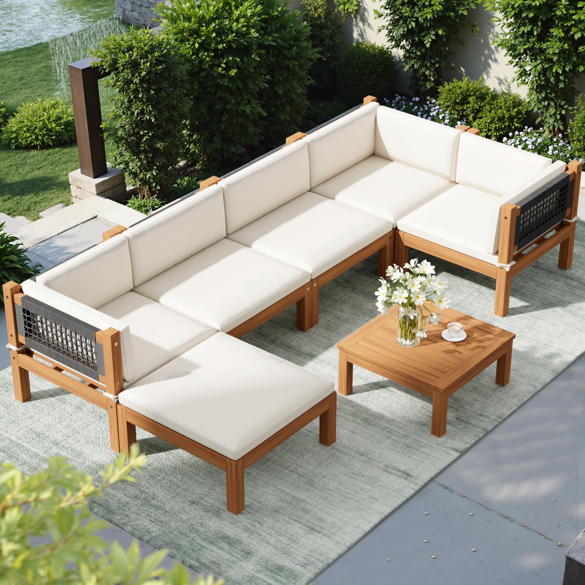 7 Piece Acacia Wood Patio Sectional Sofa Set with Coffee Table