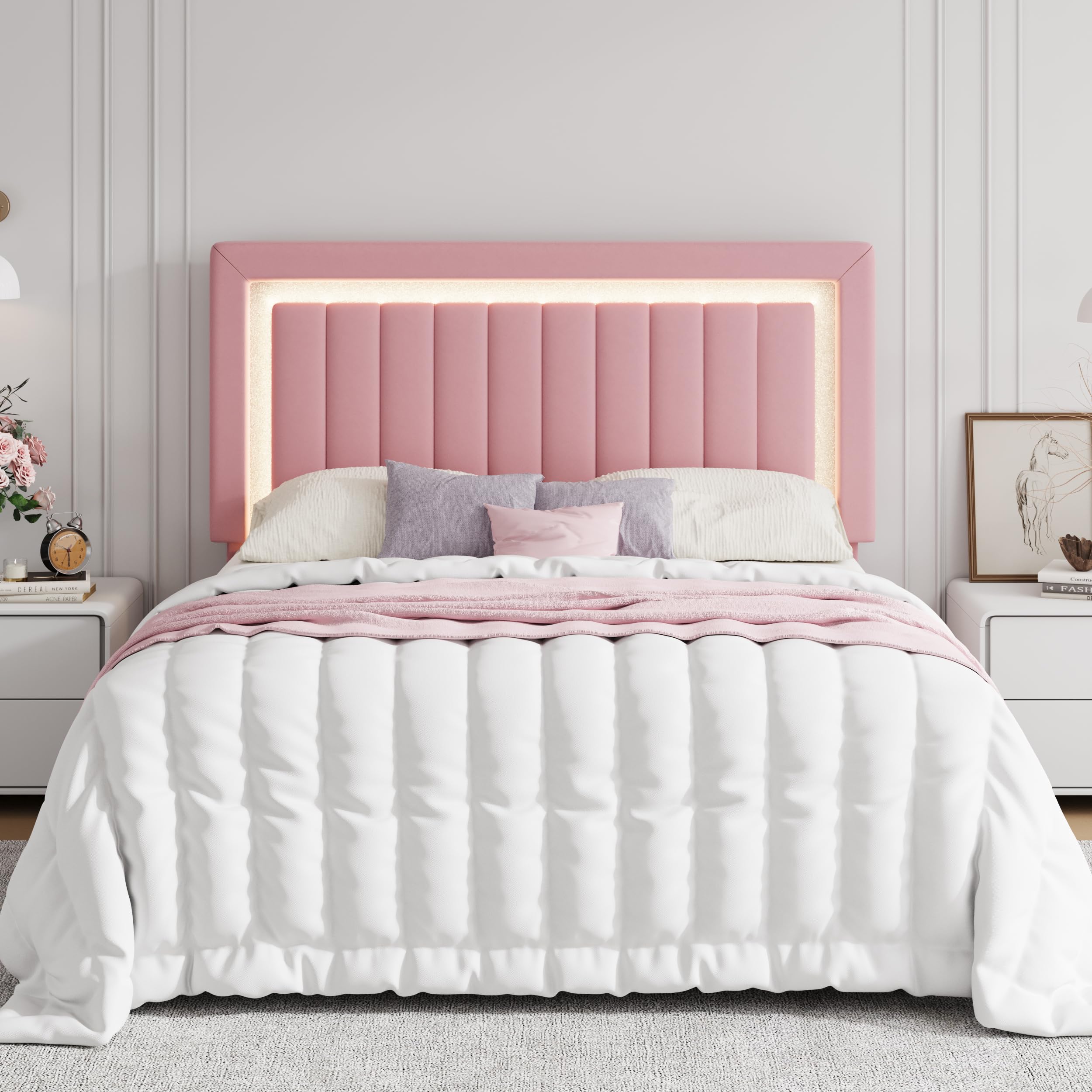 Full Size Pink Velvet LED Bed Frame with Adjustable Headboard