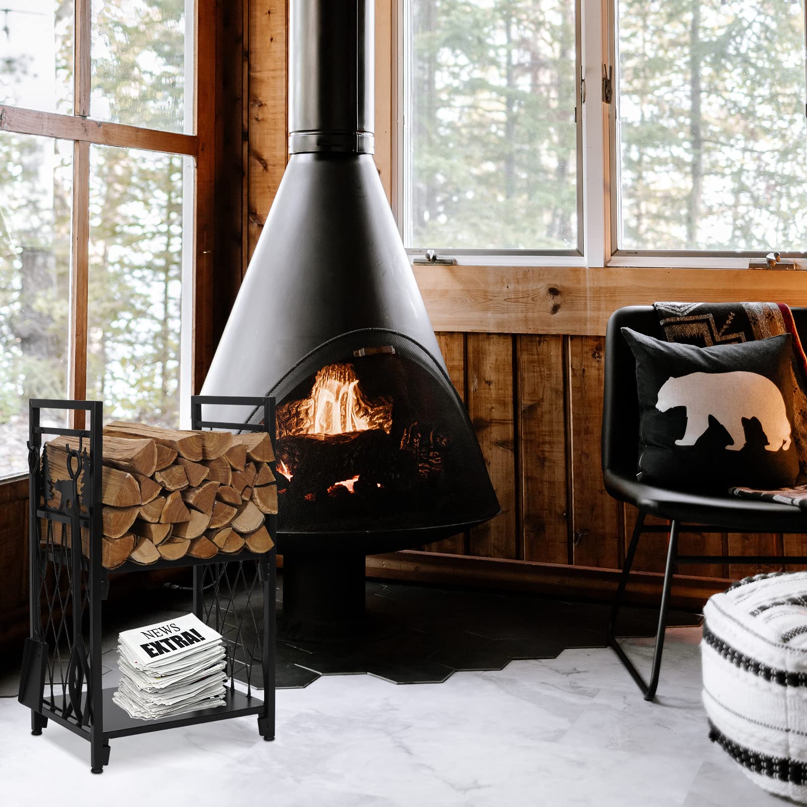 Firewood Rack with 4 Fireplace Tools