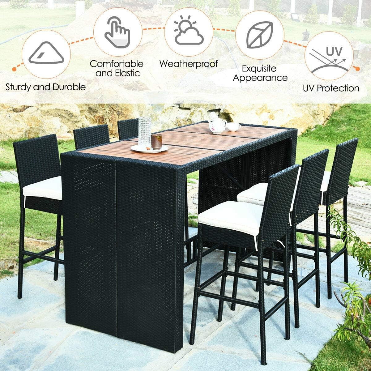 7-Piece Outdoor Wicker Dining Set with Acacia Wood Bar Table