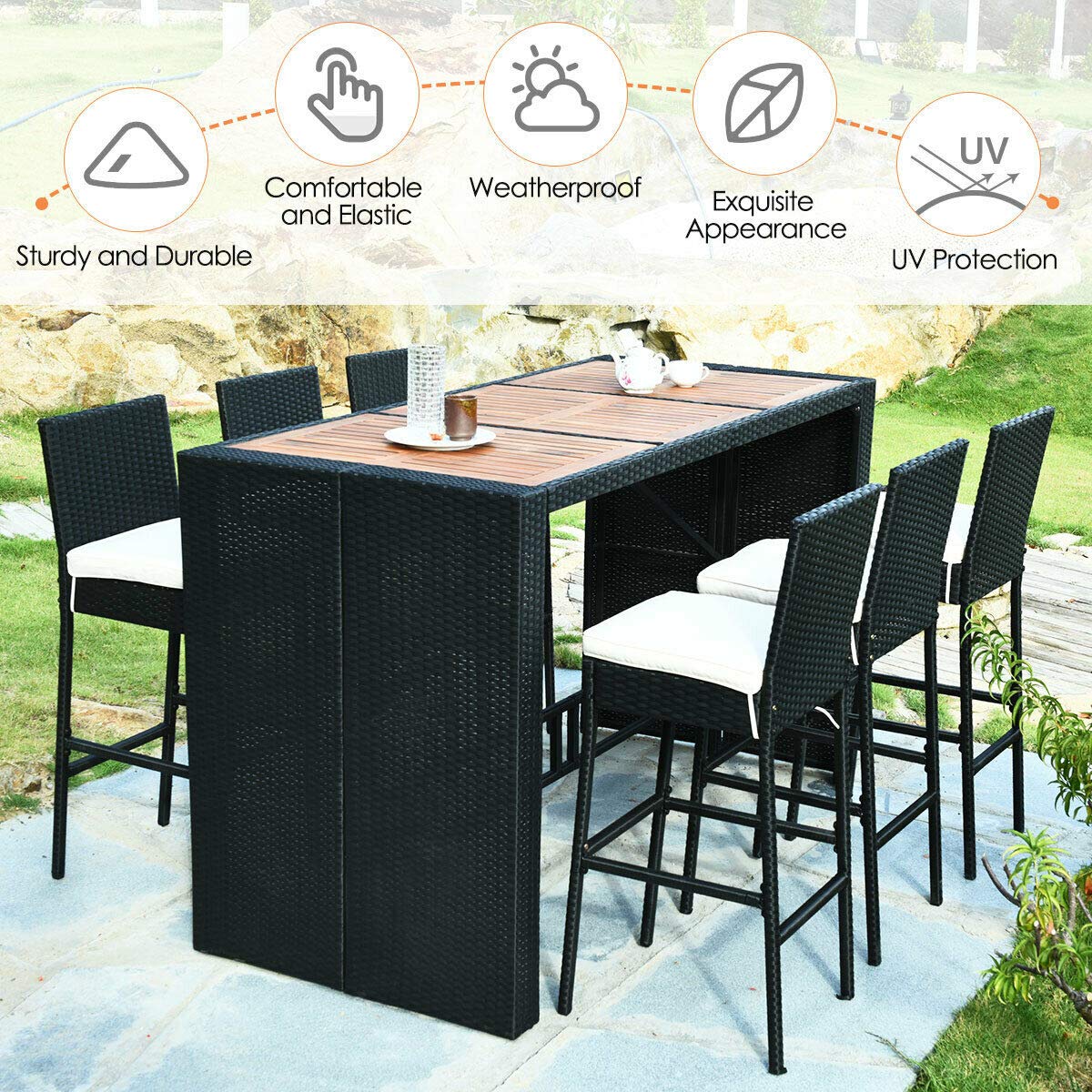 7-Piece Outdoor Wicker Dining Set with Acacia Wood Bar Table