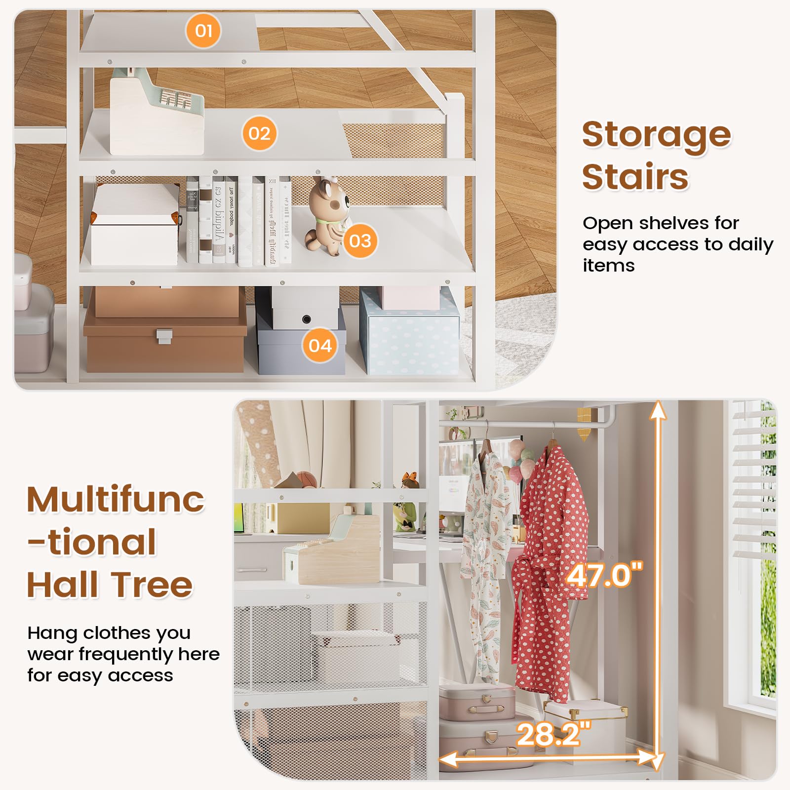 Itaar Full Size Loft Bed with Desk and Storage Stairs, Metal Loft Bed with 6 Storage Drawers, Hall Tree, LED Lights and Power Outlet, for Kids, Teens, Adults, White