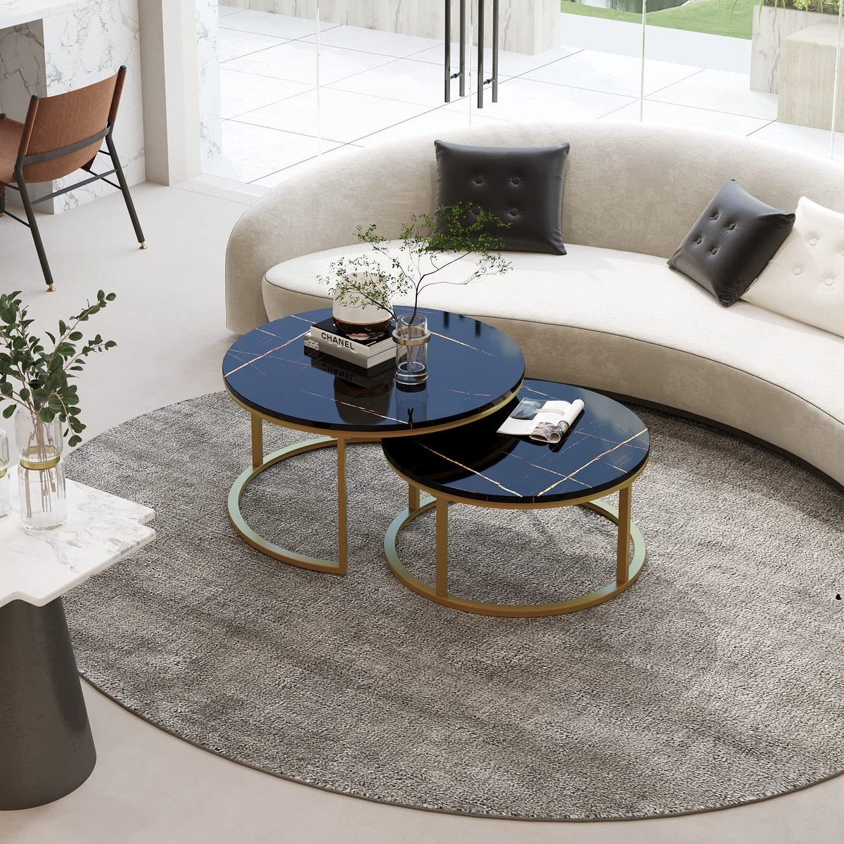 Round Nesting Coffee Tables Set of 2 - Gold Frame with Black Marble Top