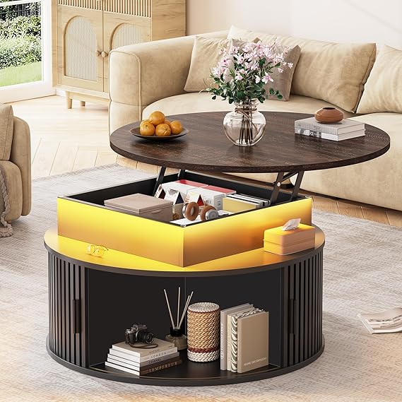 31.5" Lift Top Coffee Table with Storage and LED Lighting