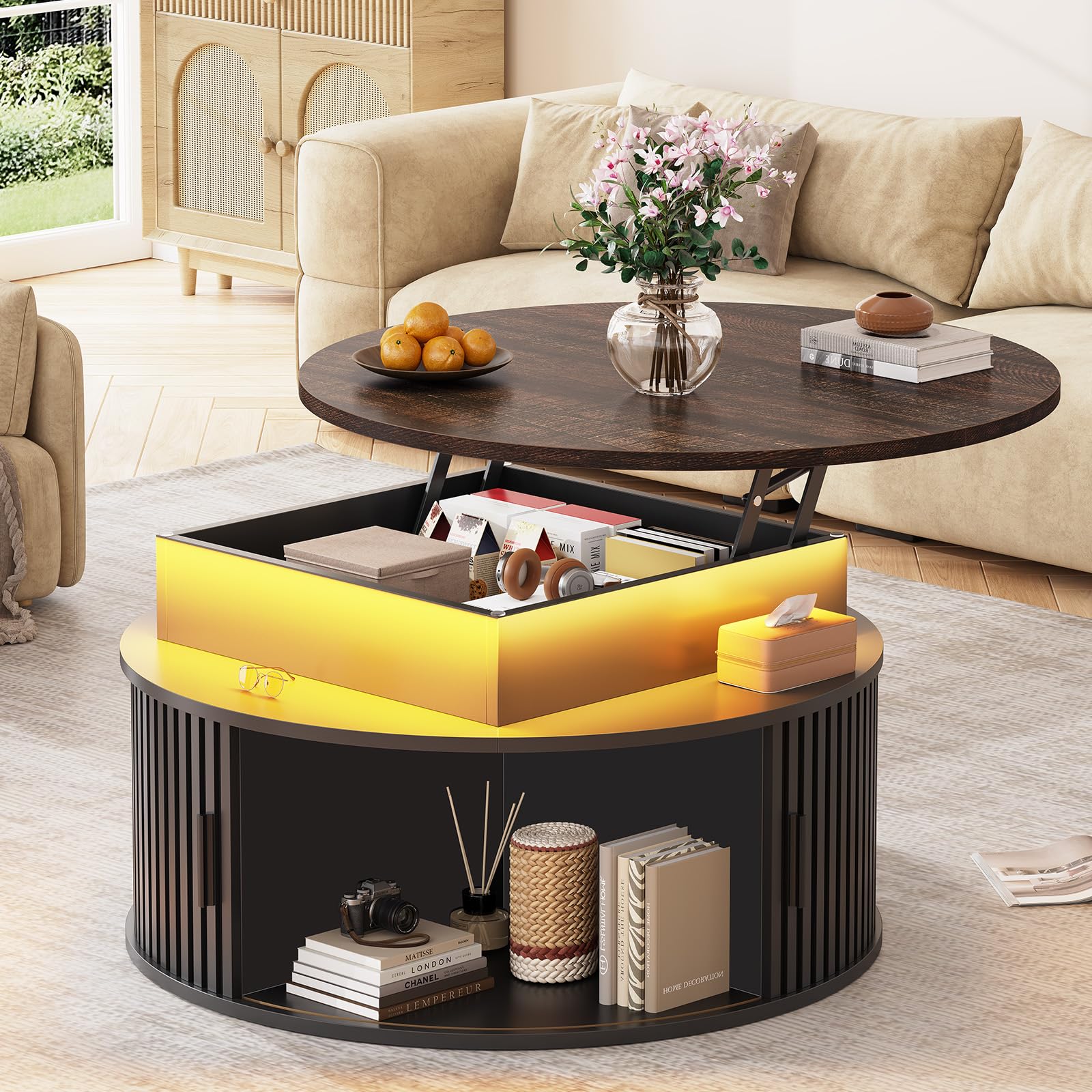 31.5" Lift Top Coffee Table with Storage and LED Lighting