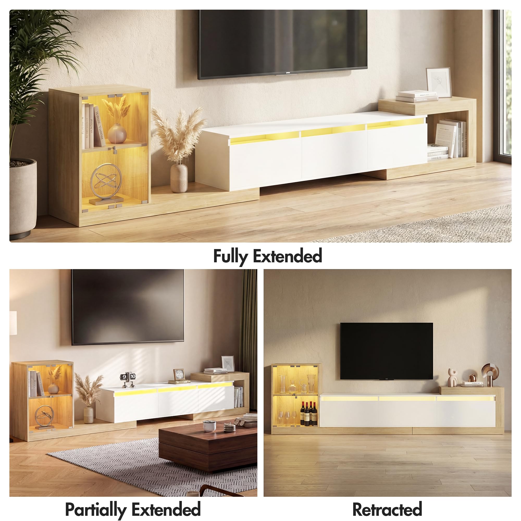 Extendable TV Stand with Glass Cabinet and LED Lighting