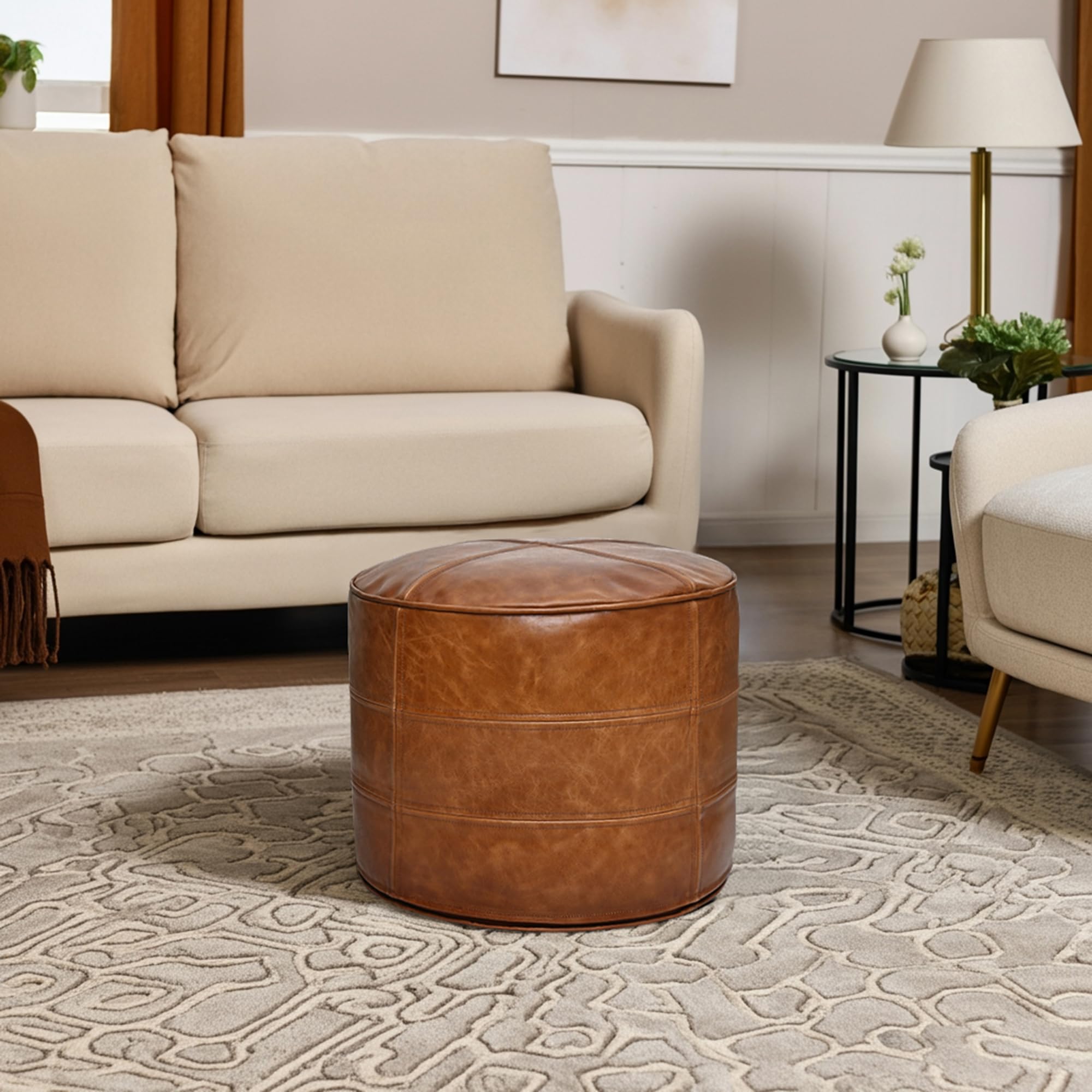 Genuine Leather Pouf Distressed Brown