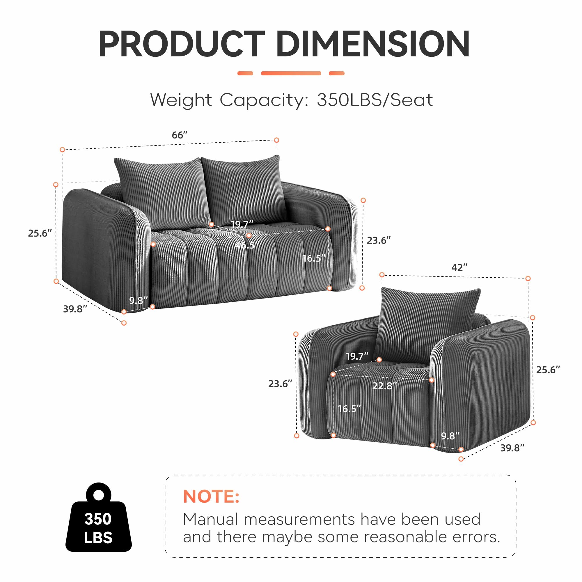Modern Corduroy Living Room Set - Loveseat with 2 Single Chairs