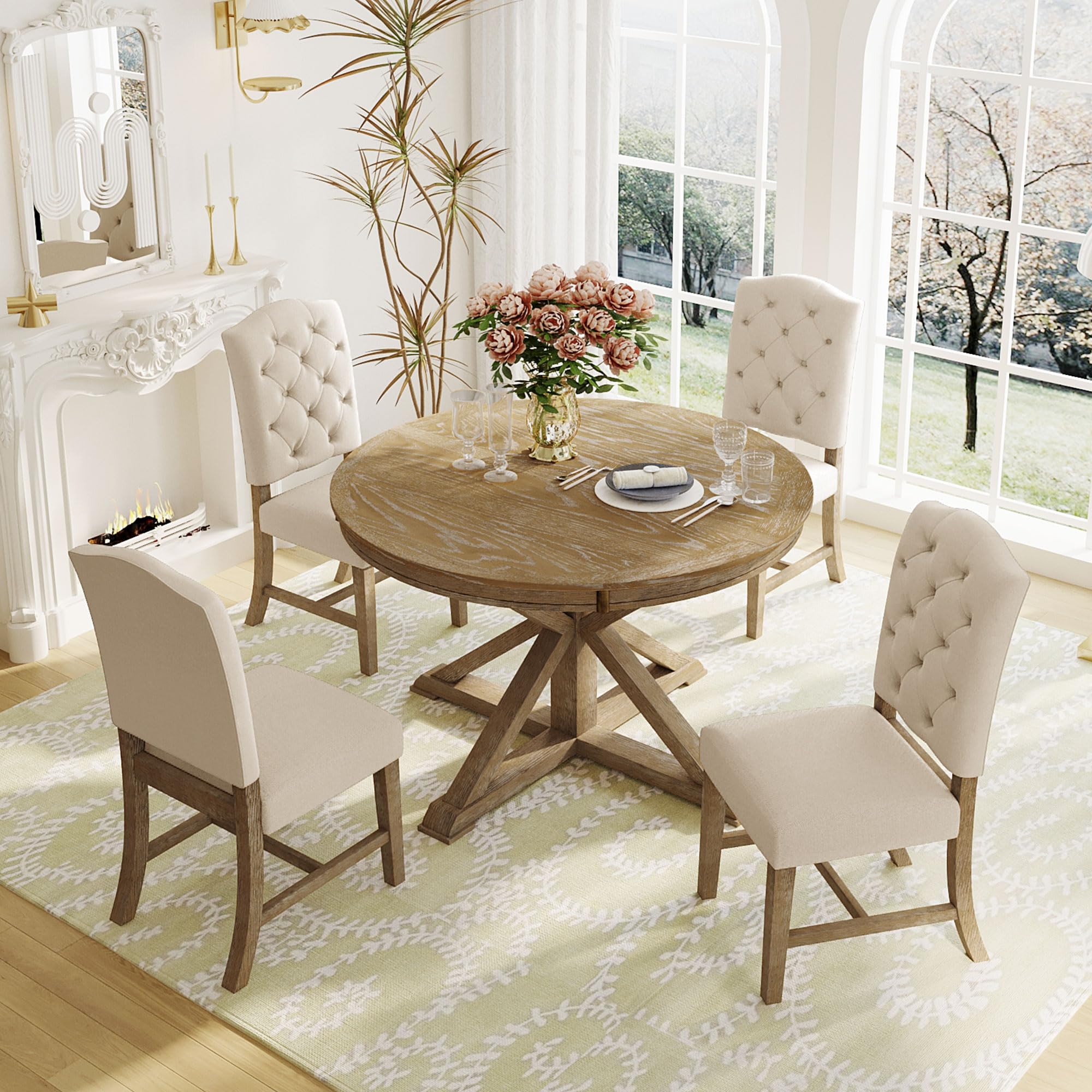 Round Extendable Dining Table Set for 4 with Upholstered Chairs
