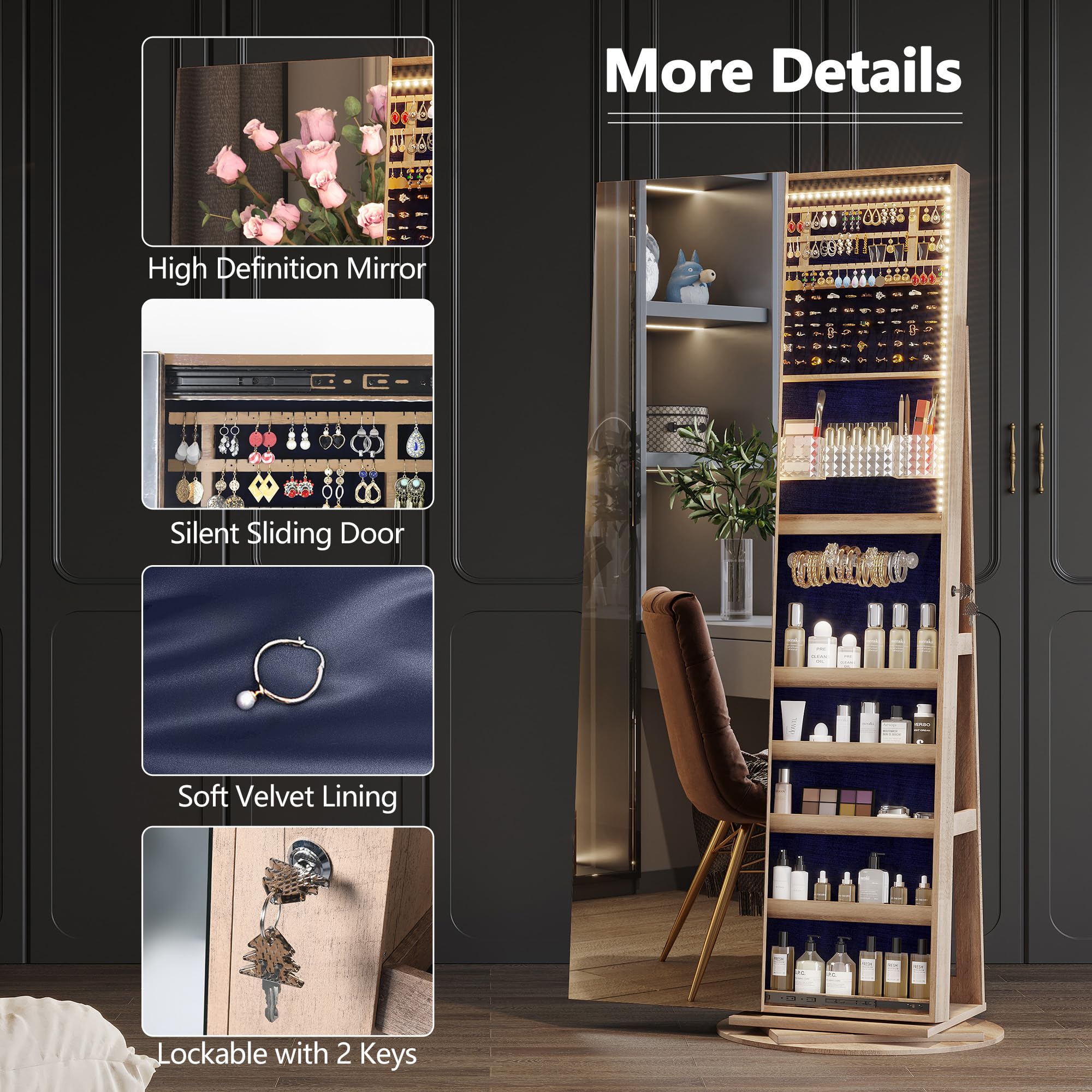 360° Rotating Full Length Mirror Jewelry Cabinet with LED Lighting