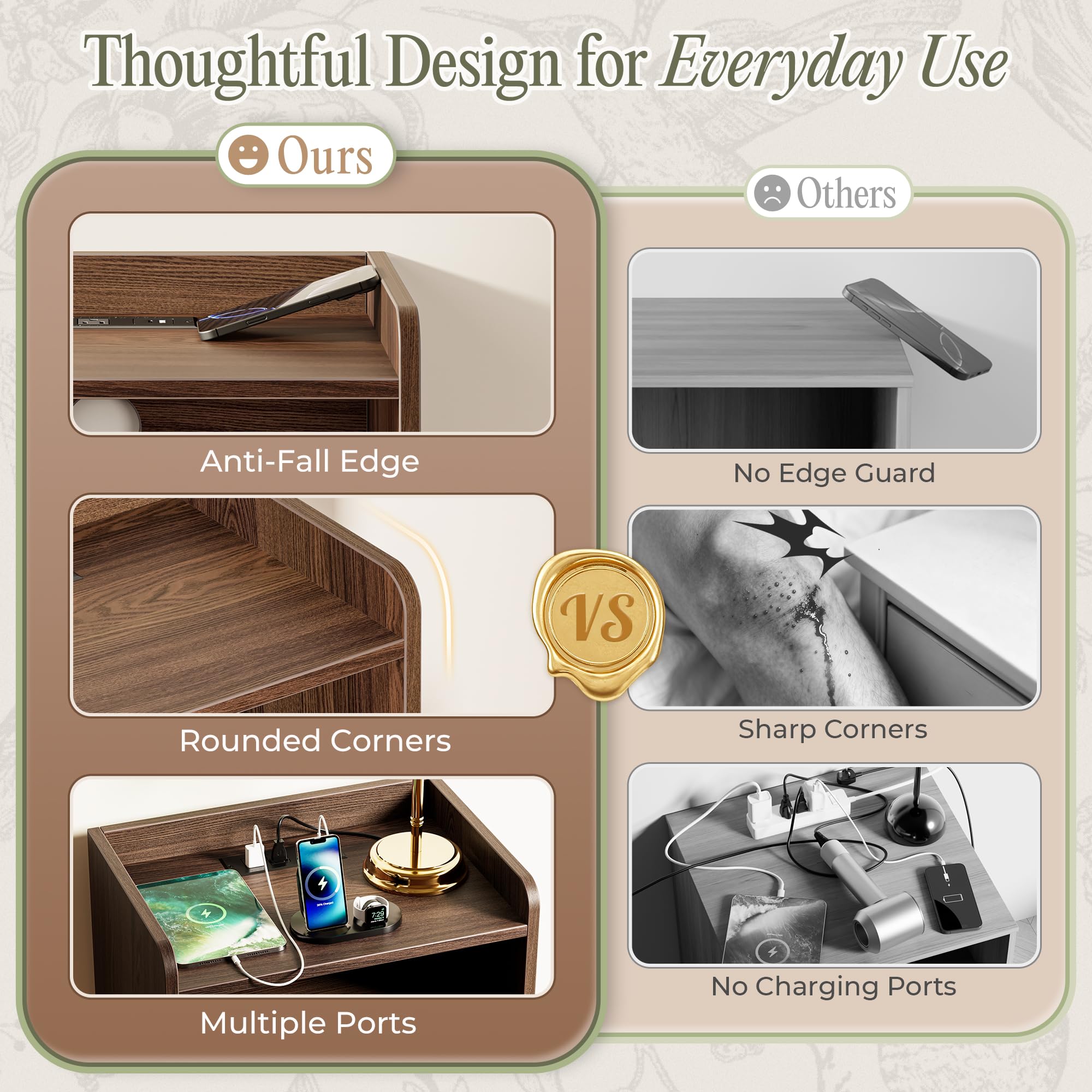 Fluted Nightstand with Charging Station and Drawer
