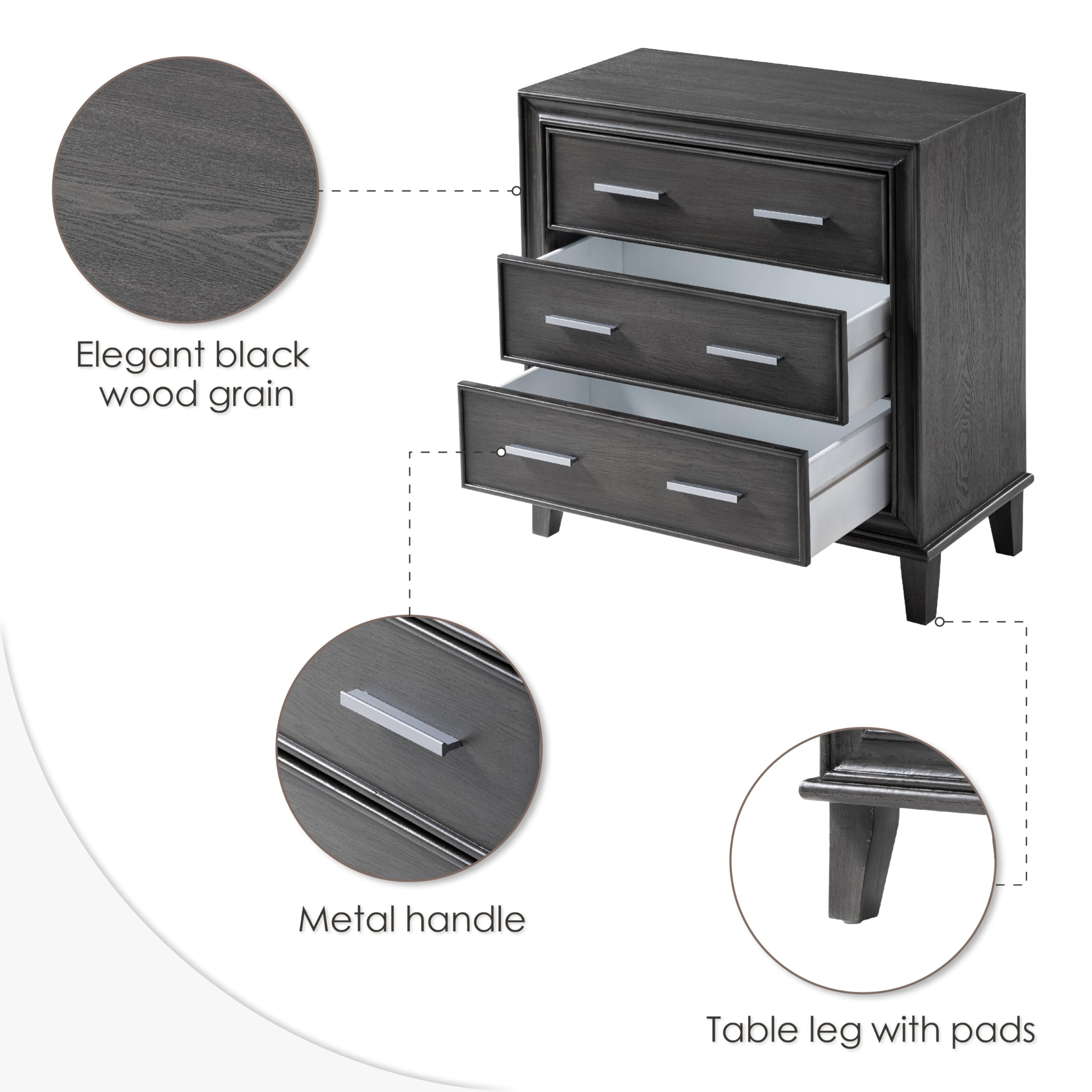 3-Drawer Nightstand with Metal Handles