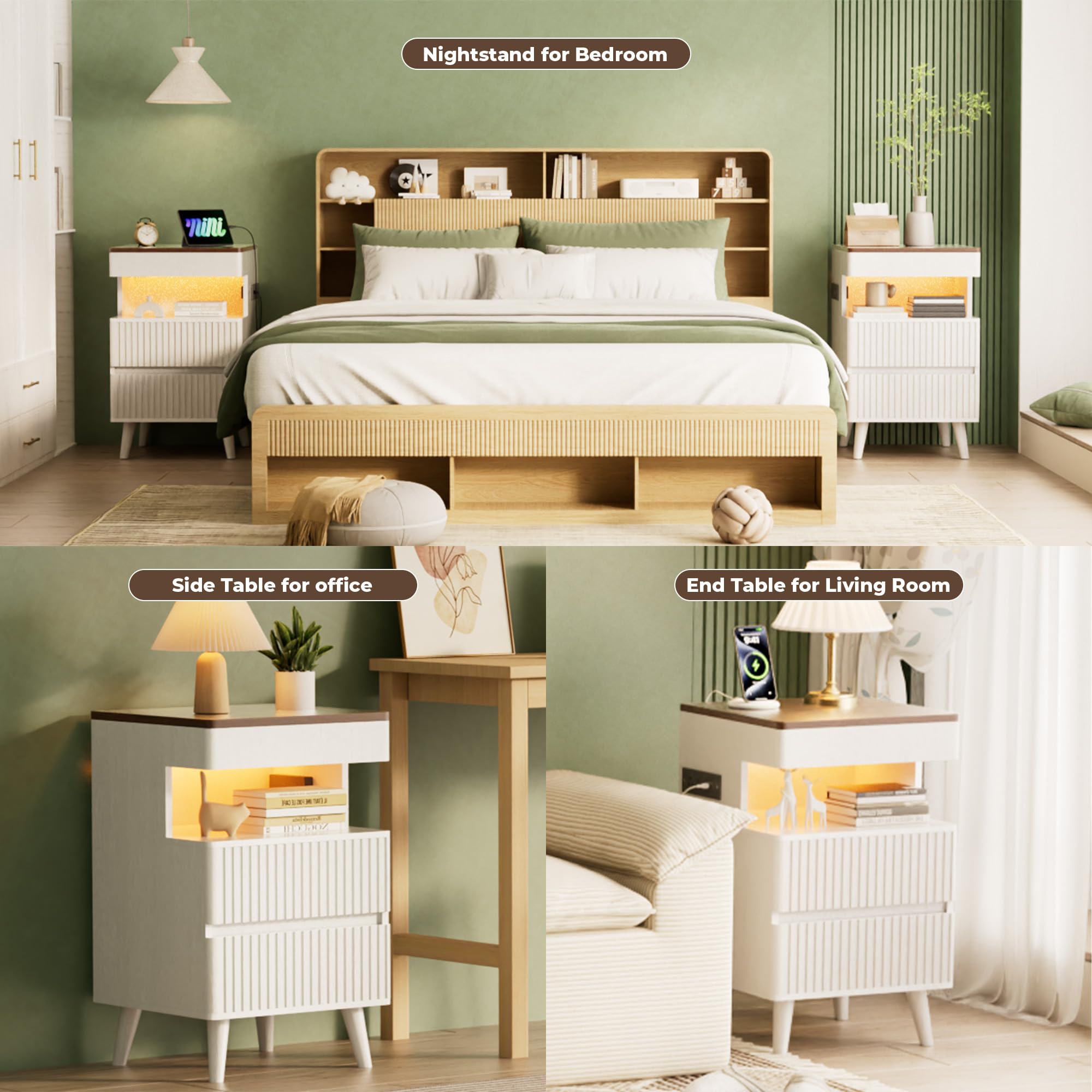 Tall Fluted Nightstand with Charging Station & LED Light