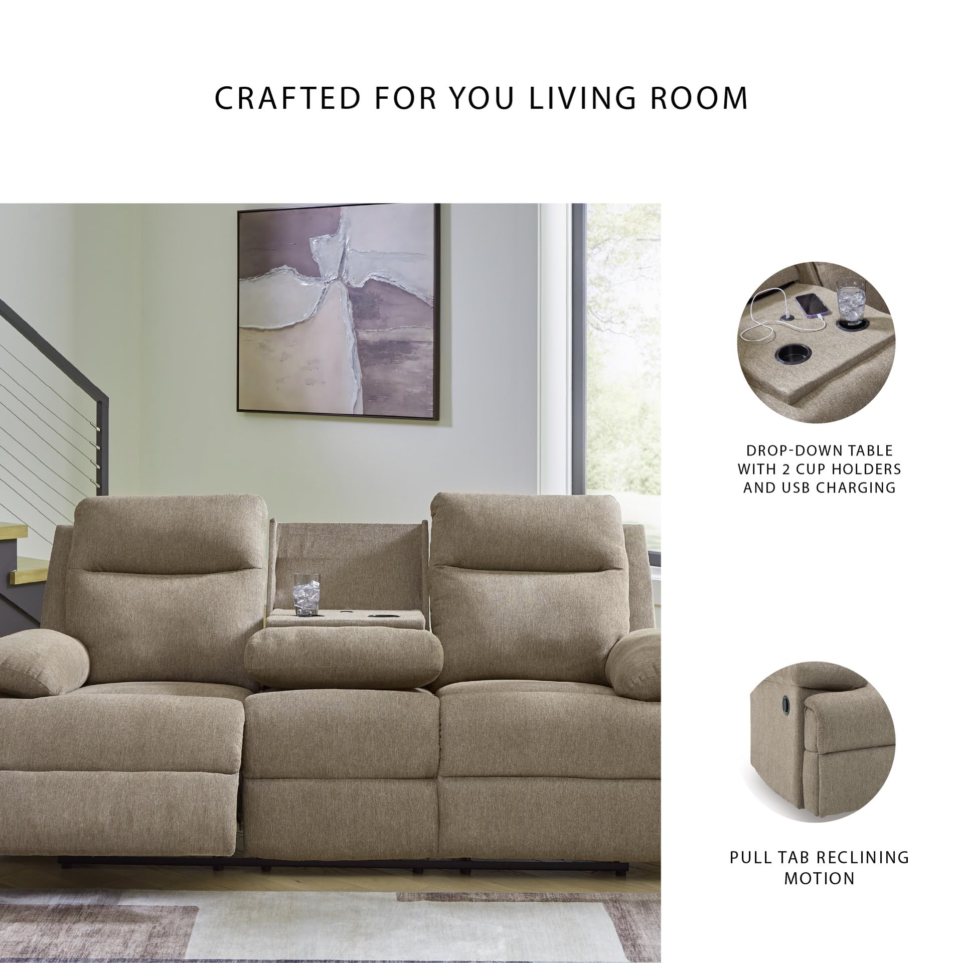 Mocha Chenille Reclining Sofa with Drop-Down Table