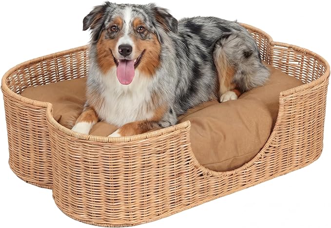 Scalloped Woven Rattan Dog Bed with Washable Cushion