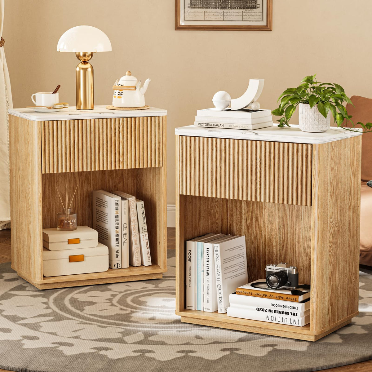 Modern Fluted Nightstand Set of 2 with Drawer and Open Shelf