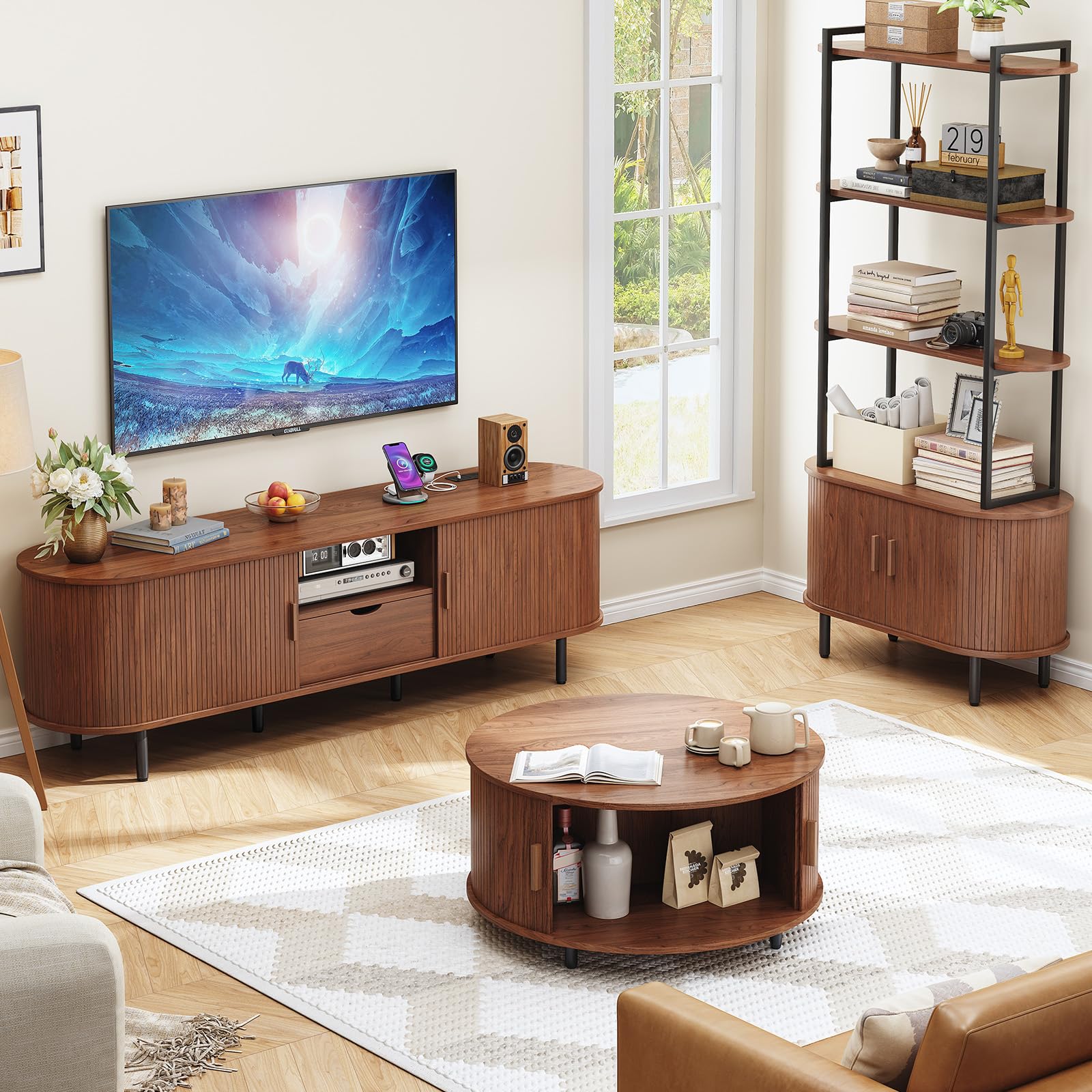 ONBRILL 69" TV Stand with Power Outlet for TVs up to 80", Entertainment Center with Storage and Drawer, TV Console with Adjustable Shelves and Sliding Door, TV Stand for Living Room, Bedroom, Walnut