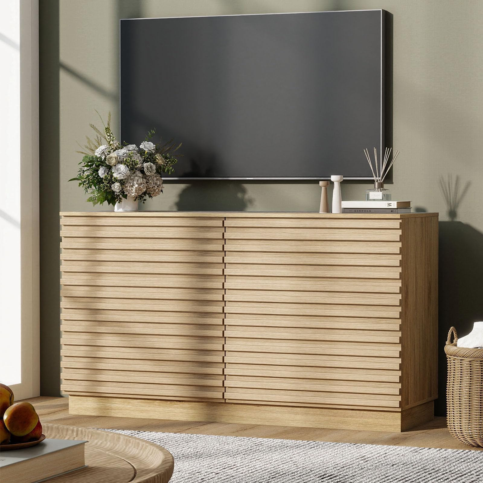 Fluted Dresser 6 Drawer Wide Chest Natural Wood TV Stand