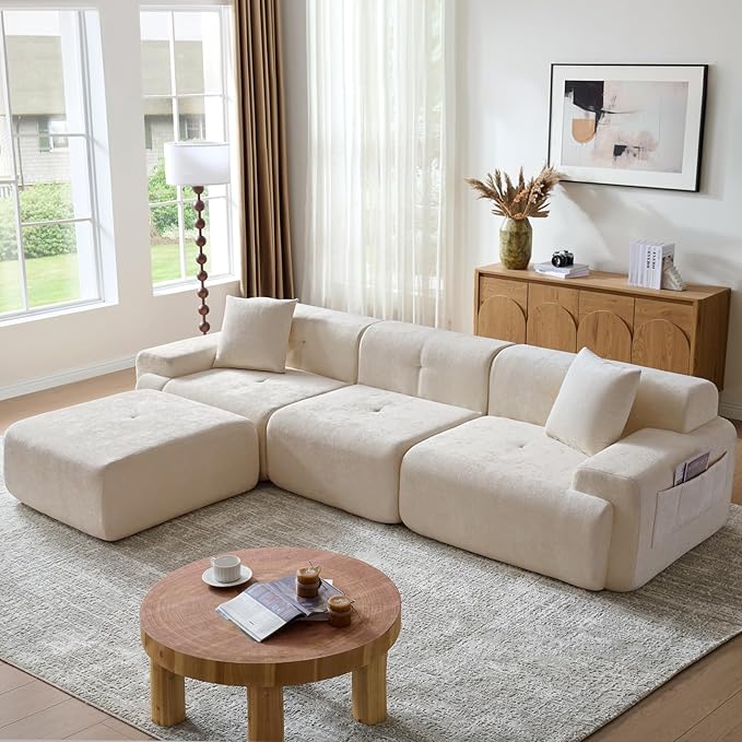 118" L-Shaped Modular Sectional Sofa with Deep Seat and Ottoman