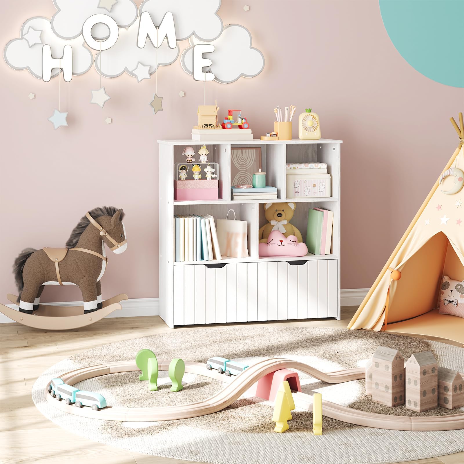 HOOBRO Toy Storage Organizer, Toy Organizers and Storage with 2 Movable Drawers and 5 Cubbies, Toy Chest Shelf for Books or Dolls, Kids Bookshelf and Toy Storage for Playroom, White WT88CW01