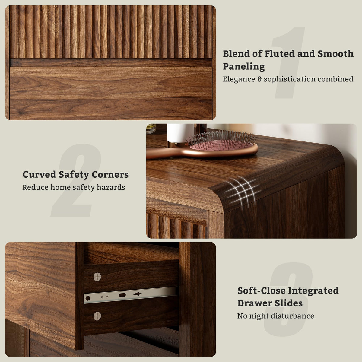 5-Drawer Tall Fluted Dresser with Curved Edges – Walnut Bedroom Chest of Drawers, 48"