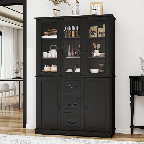 Tall Storage Cabinet with Glass Doors and Drawers