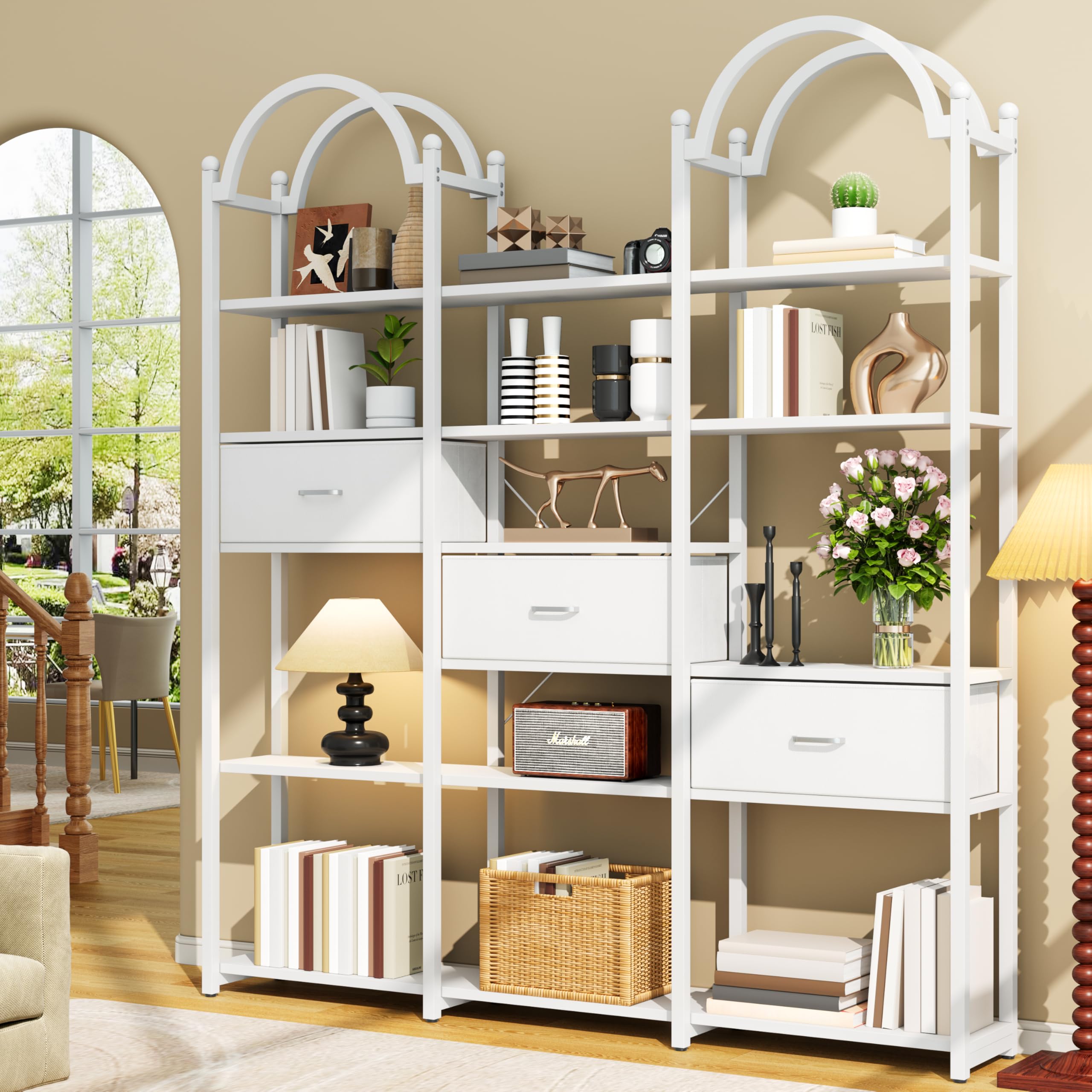 83.5" Tall Arched Bookshelf with 3 Drawers and 13 Storage Shelves