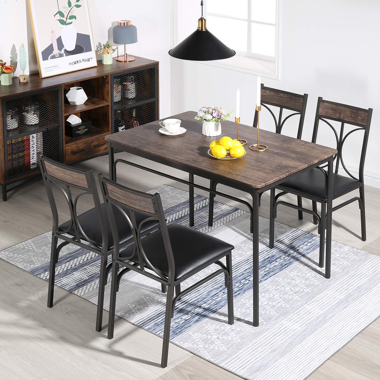 5 Piece Industrial Dining Table Set with 4 Chairs