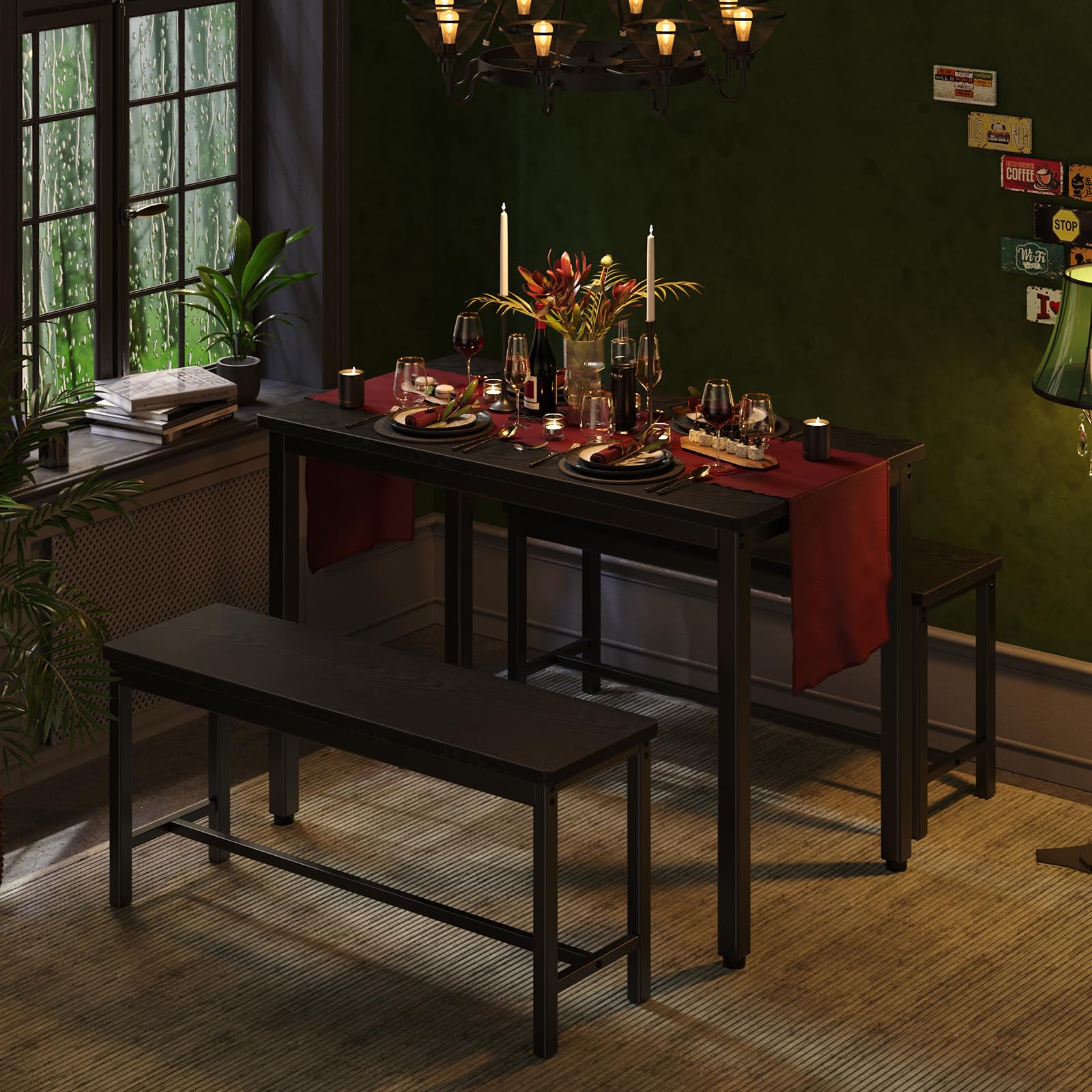 3-Piece Dining Table Set with 2 Benches