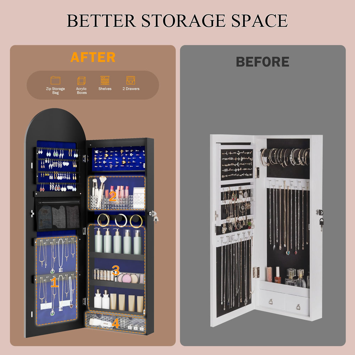 47-Inch Lockable Full-Length Mirror Jewelry Cabinet with LED Lights