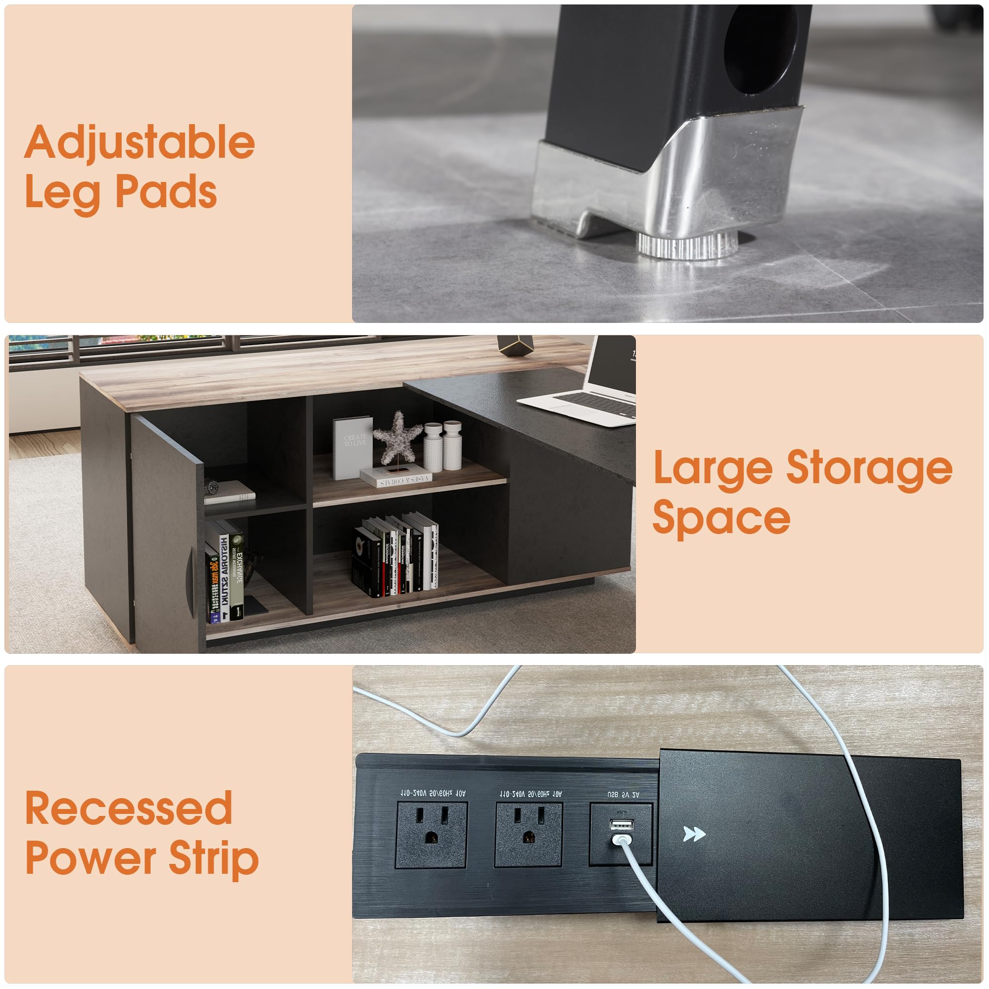 63-Inch L-Shaped Executive Desk with File Cabinet and Storage